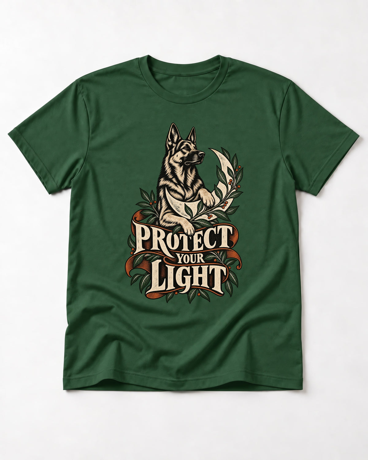 Protect Your Light Moon Botanical German Shepherd Dog Graphic T-Shirt in Forest Green, flat lay product photo