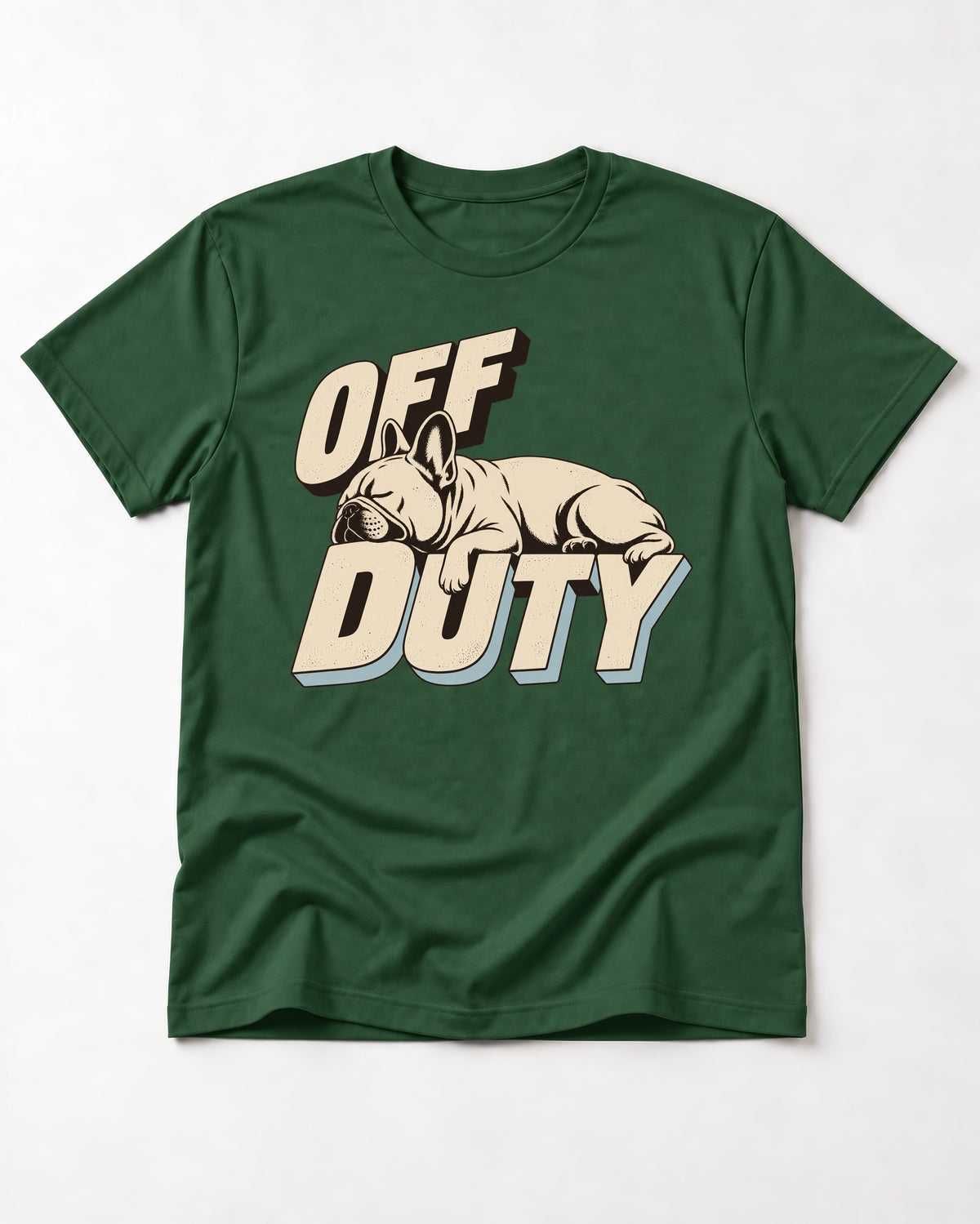 Frenchie Off Duty Sleeping Type Graphic T-Shirt in Forest Green, flat lay product photo