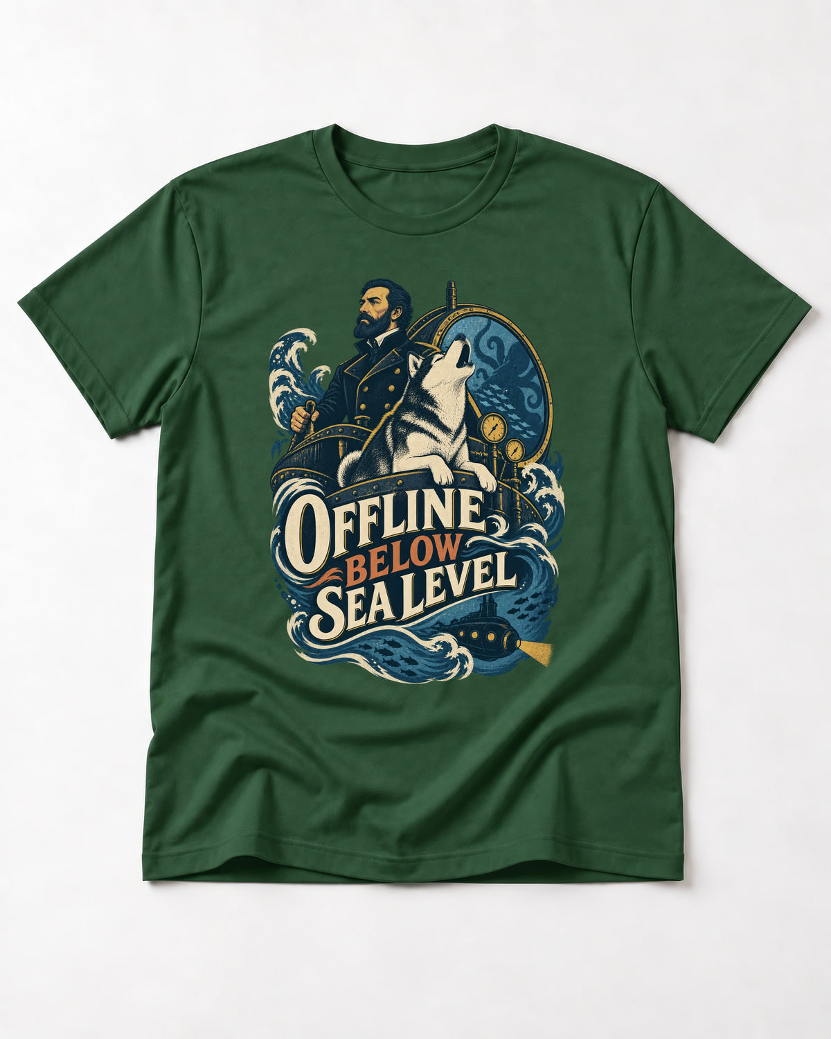 Husky Offline Below Sea Level Nautical Submarine Graphic T-Shirt in Forest Green, flat lay product photo
