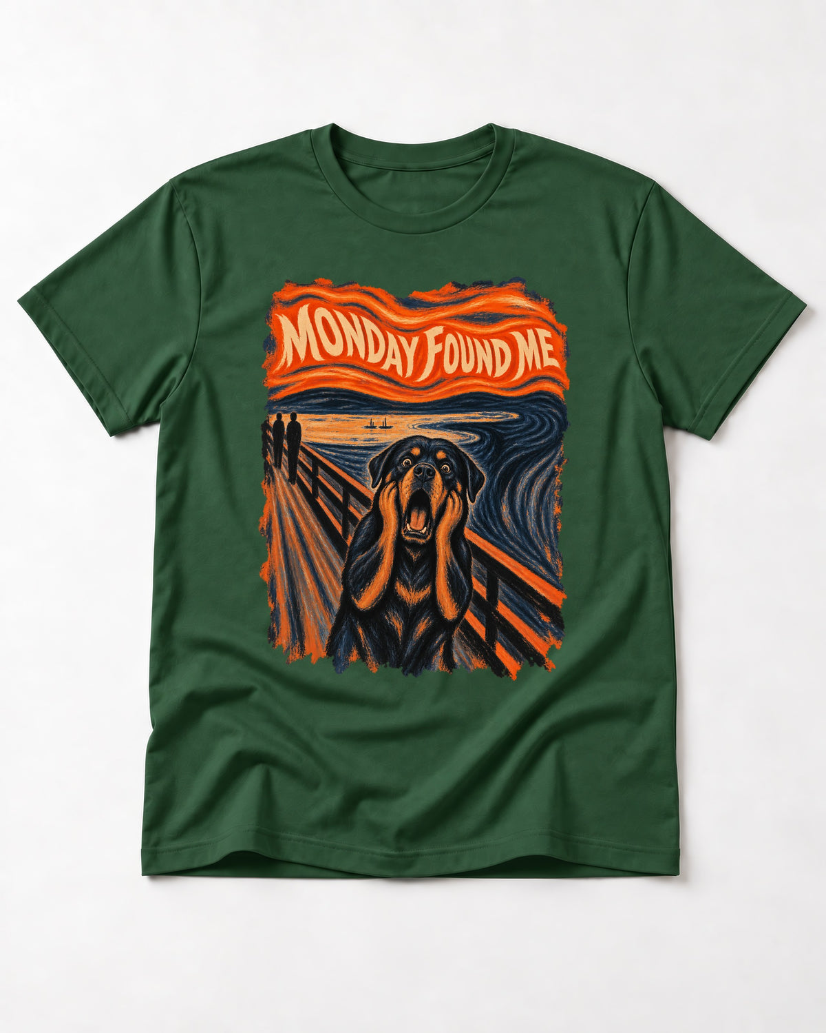 Rottweiler Monday Found Me Scream Parody Graphic T-Shirt in Forest Green, flat lay product photo