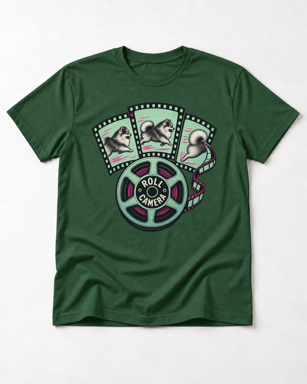 Pomeranian Roll Camera Film Reel Graphic T-Shirt in Forest Green, flat lay product photo