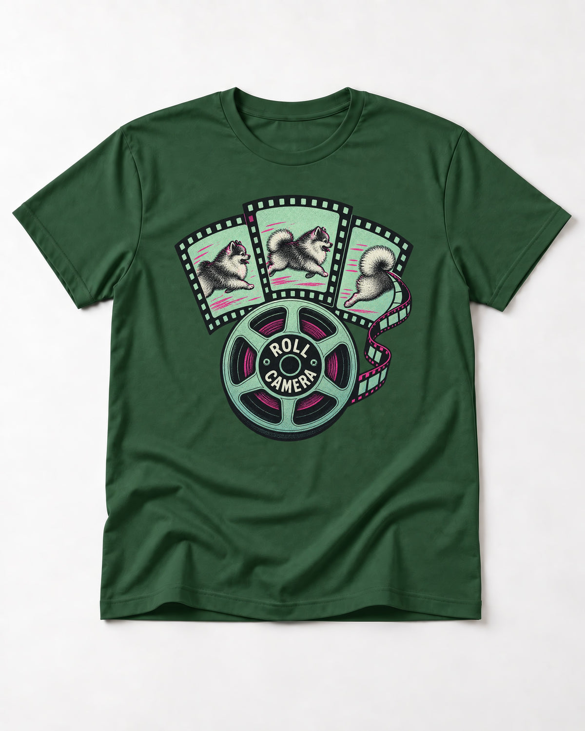 Pomeranian Roll Camera Film Reel Graphic T-Shirt in Forest Green, flat lay product photo