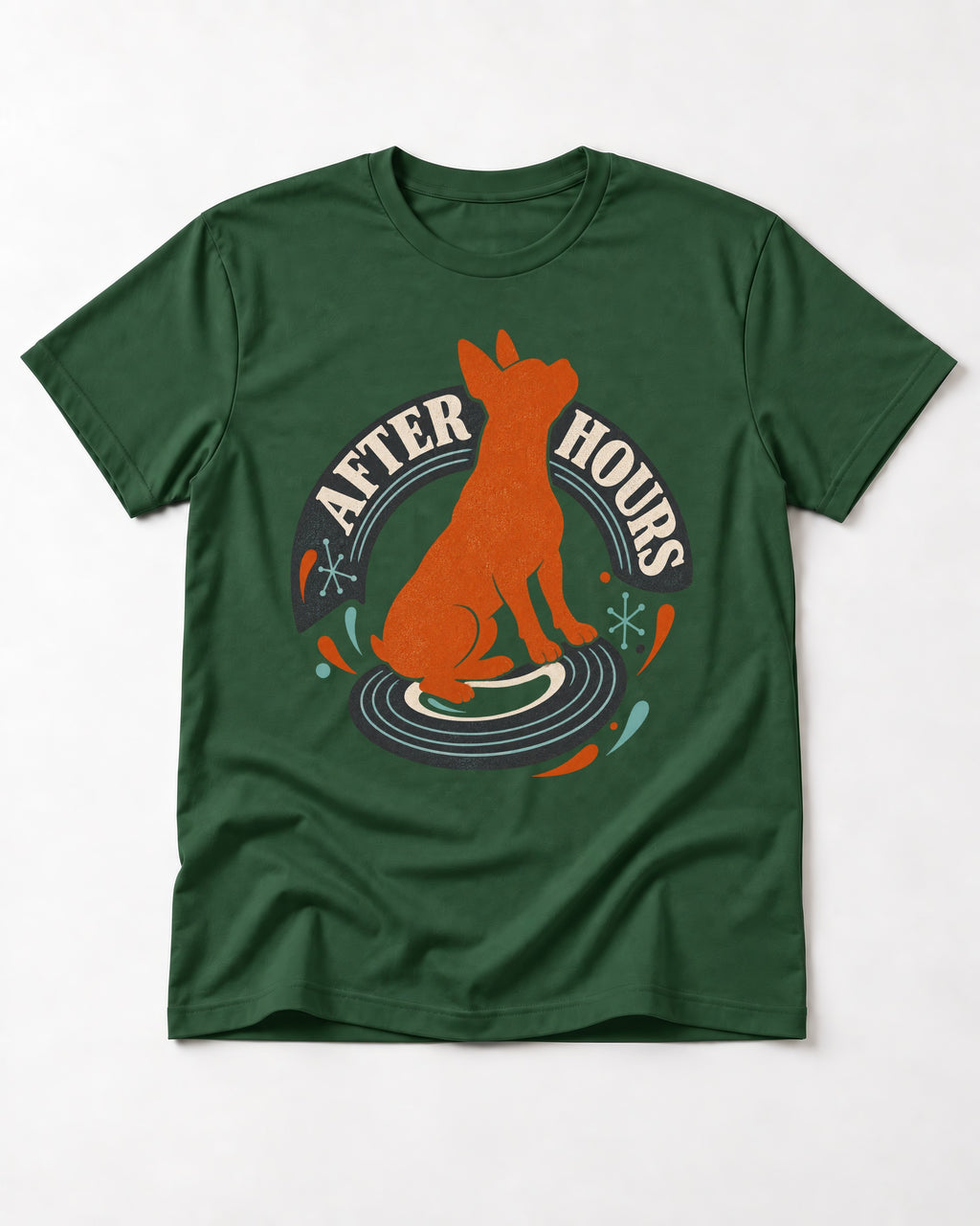 After Hours Boston Terrier Record Graphic T-Shirt in Forest Green, flat lay product photo