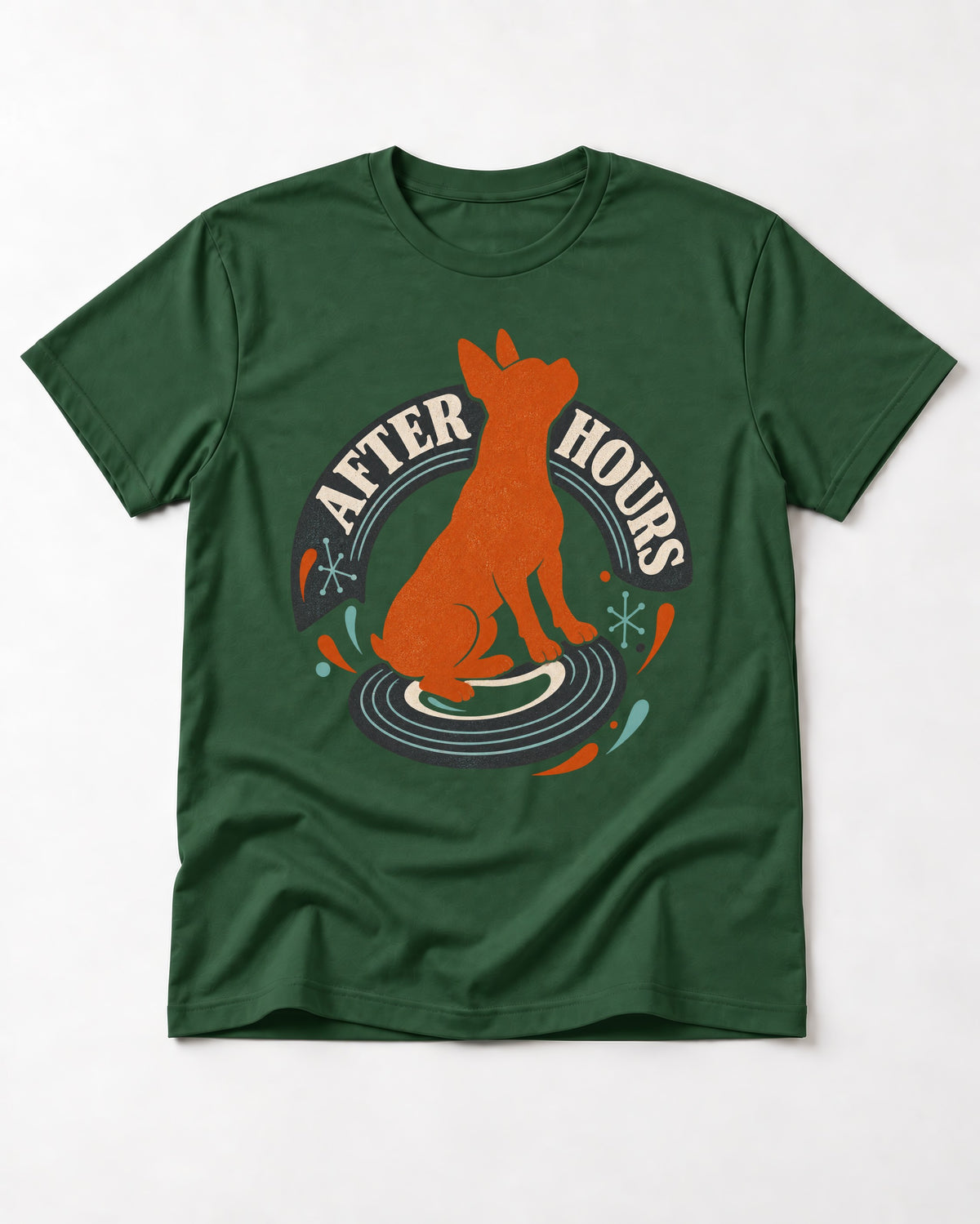 After Hours Boston Terrier Record Graphic T-Shirt in Forest Green, flat lay product photo