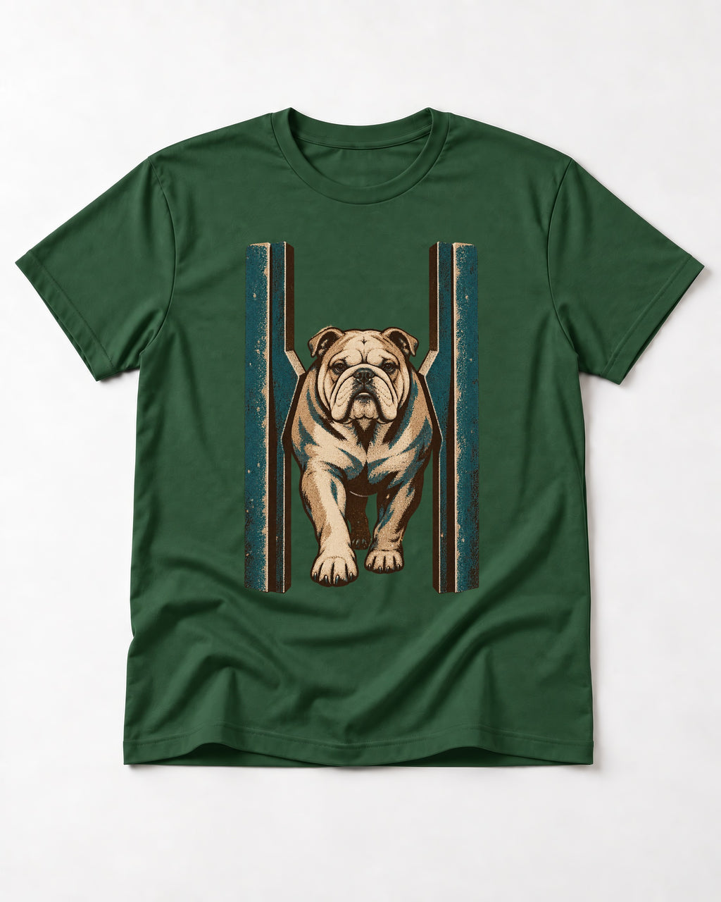 English Bulldog Walking Through Teal Gate Graphic T-Shirt in Forest Green, flat lay product photo