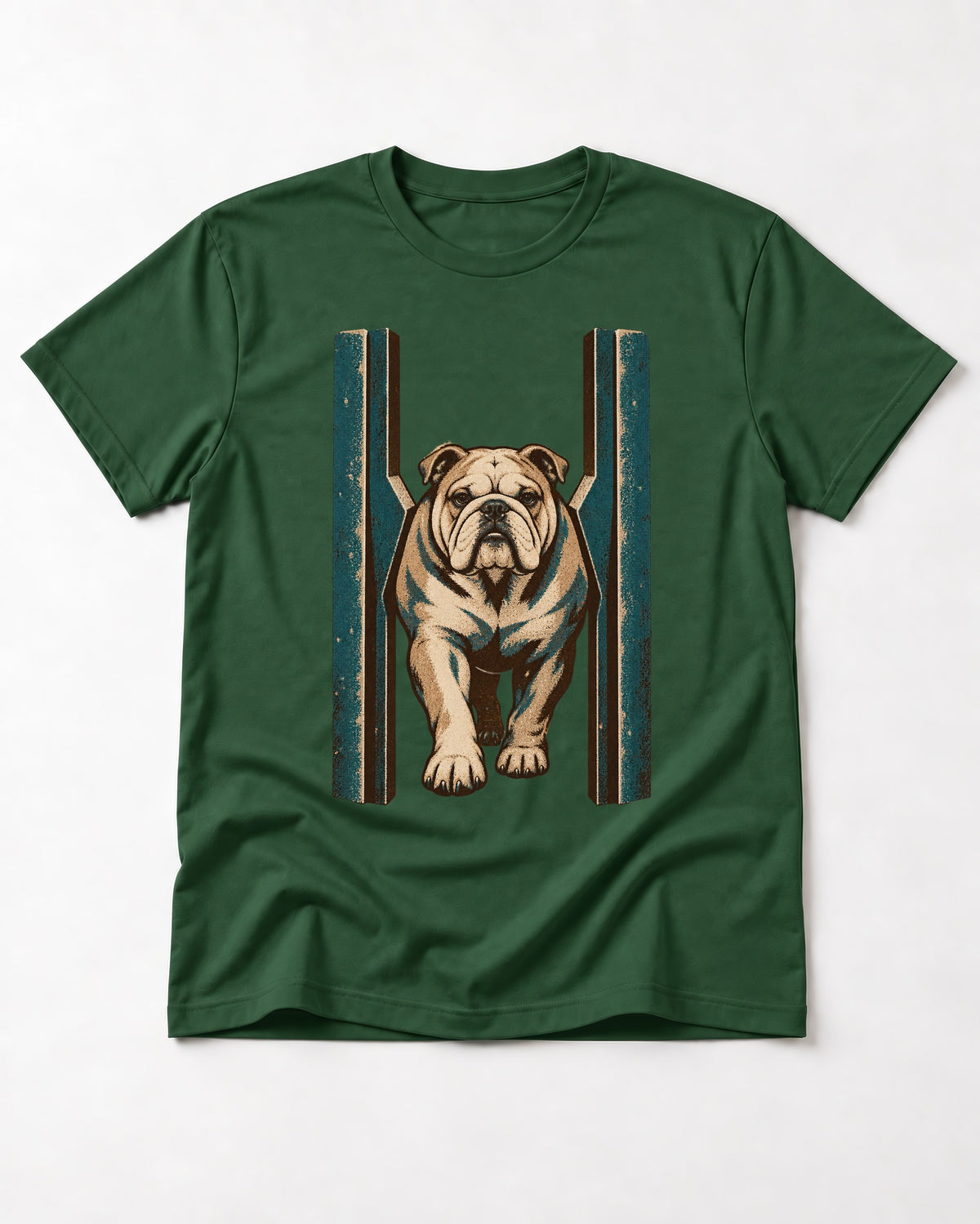 English Bulldog Walking Through Teal Gate Graphic T-Shirt in Forest Green, flat lay product photo