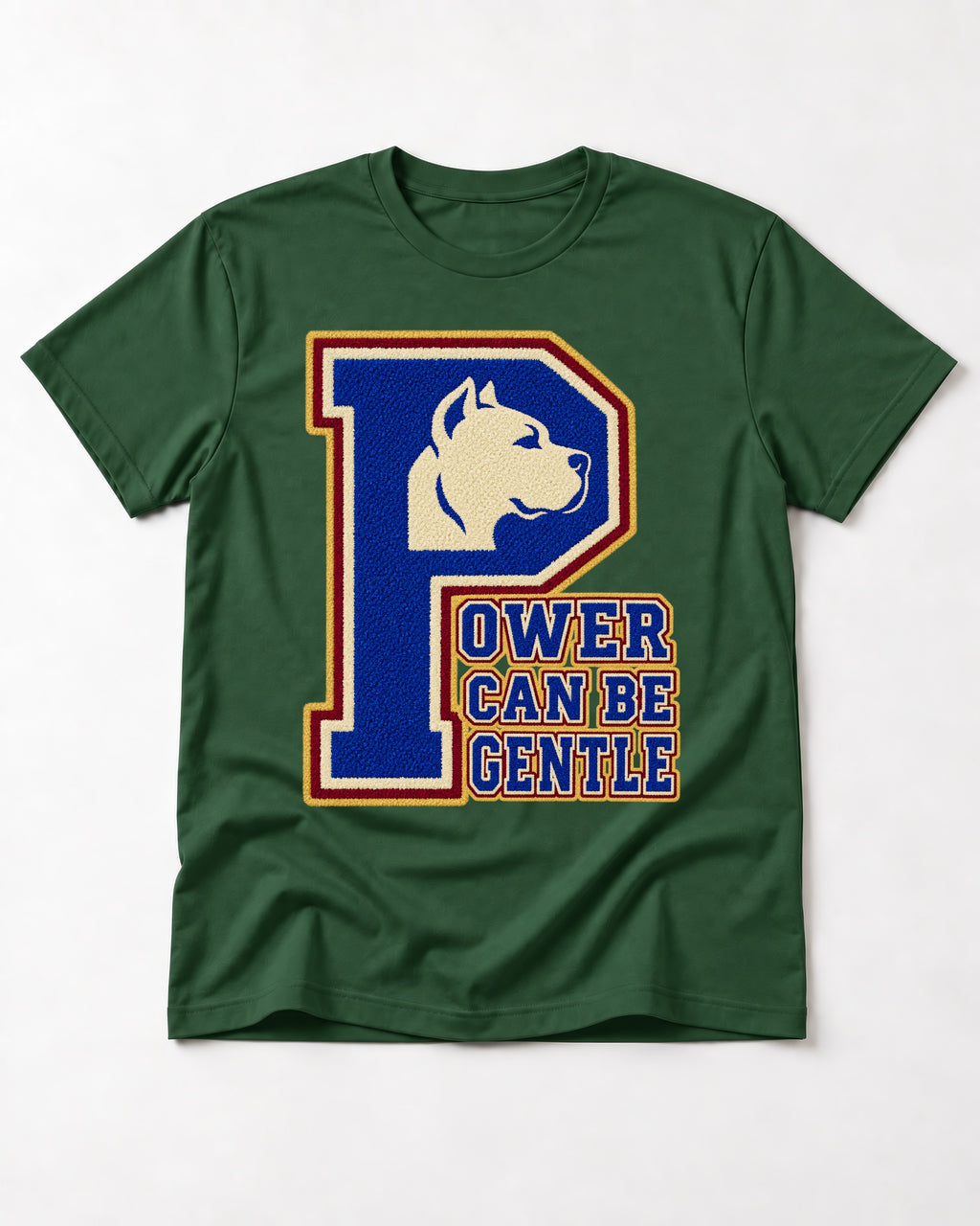 Pitbull Power Can Be Gentle Varsity Graphic T-Shirt in Forest Green, flat lay product photo