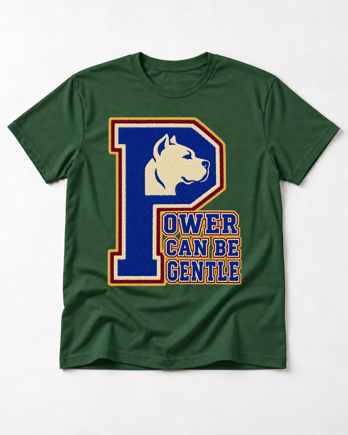 Pitbull Power Can Be Gentle Varsity Graphic T-Shirt in Forest Green, flat lay product photo