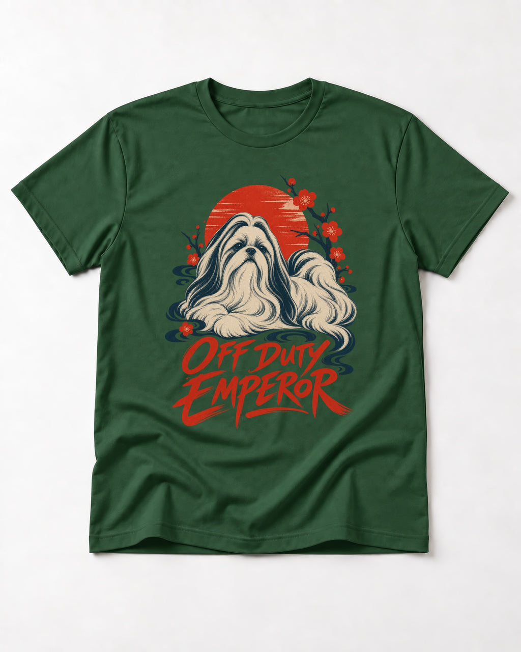 Shih Tzu Off Duty Emperor Sunset Blossom Graphic T-Shirt in Forest Green, flat lay product photo