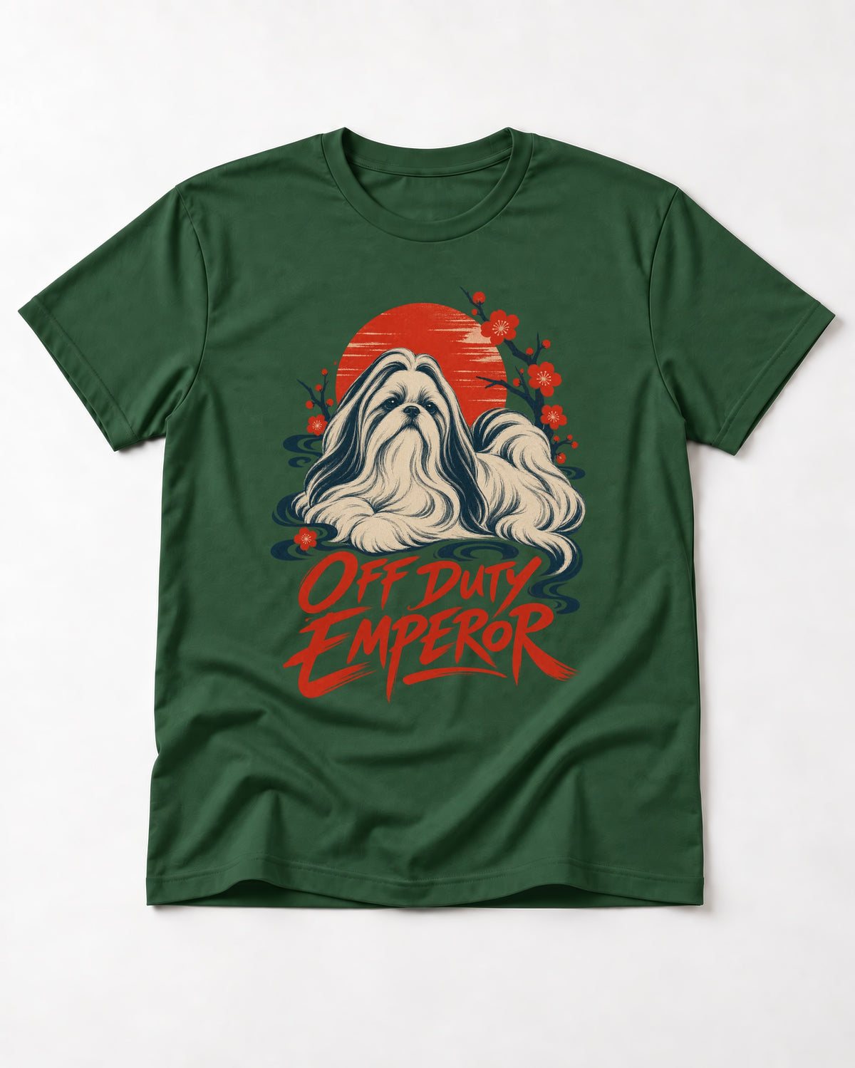 Shih Tzu Off Duty Emperor Sunset Blossom Graphic T-Shirt in Forest Green, flat lay product photo