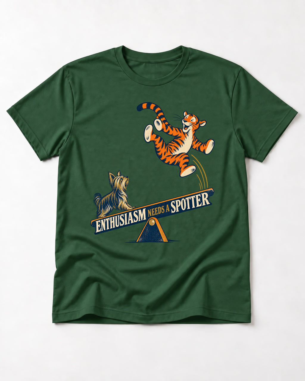 Yorkshire Terrier Enthusiasm Needs a Spotter Seesaw Graphic T-Shirt in Forest Green, flat lay product photo
