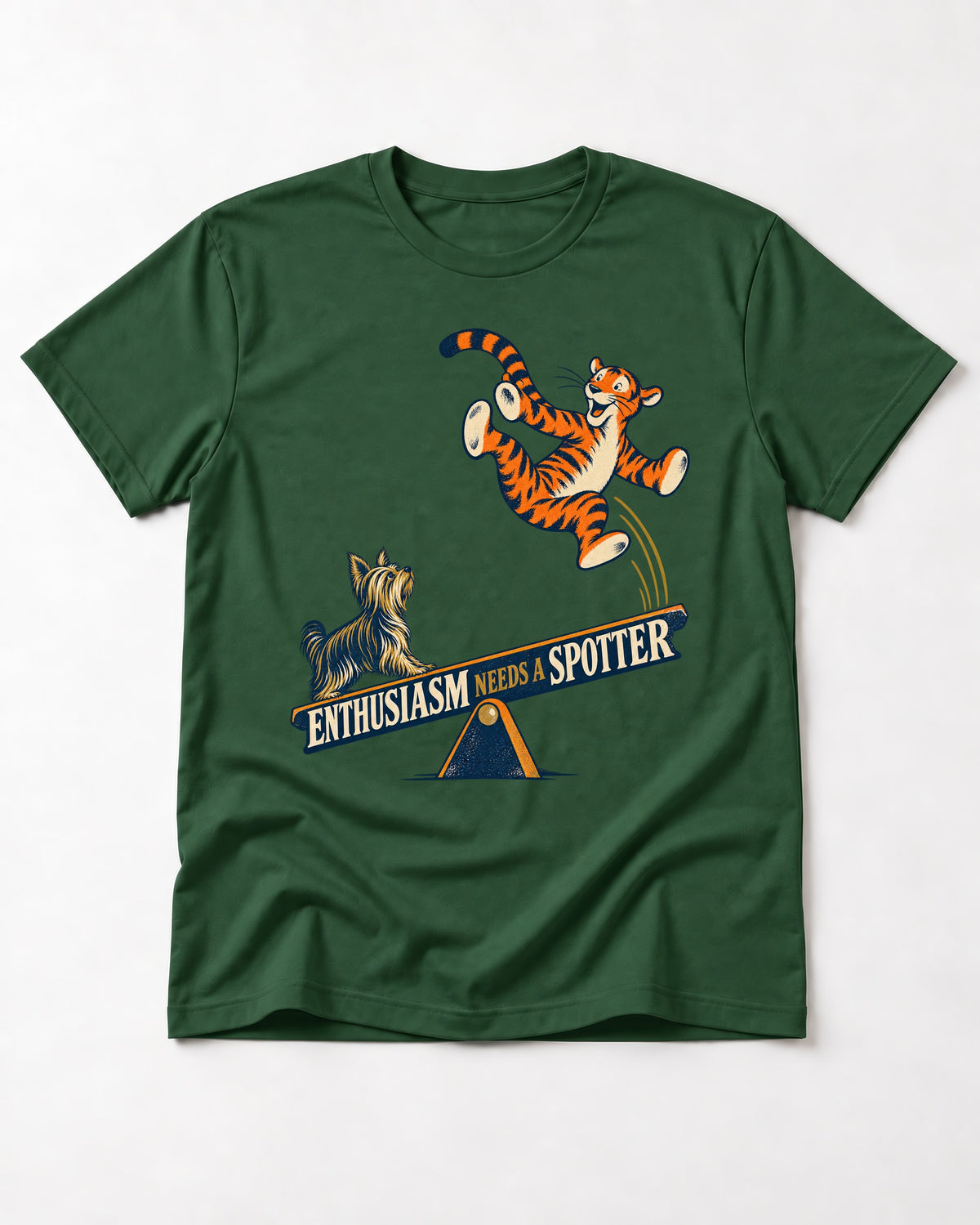 Yorkshire Terrier Enthusiasm Needs a Spotter Seesaw Graphic T-Shirt in Forest Green, flat lay product photo