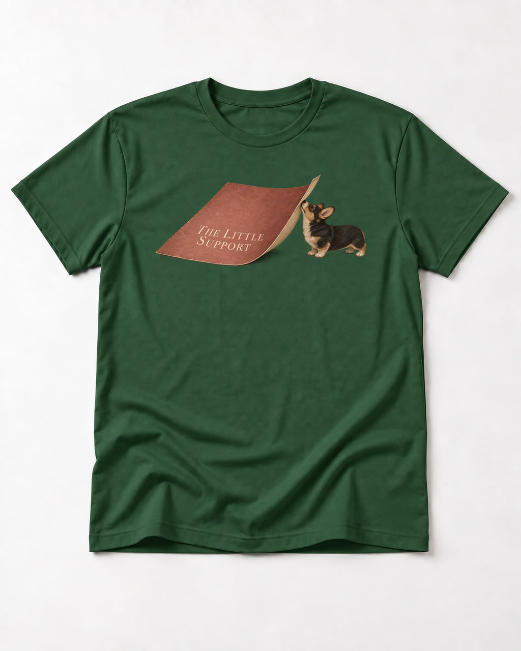 Corgi The Little Support Paper Graphic T-Shirt in Forest Green, flat lay product photo