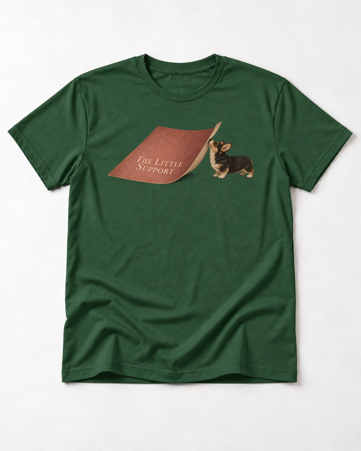 Corgi The Little Support Paper Graphic T-Shirt in Forest Green, flat lay product photo