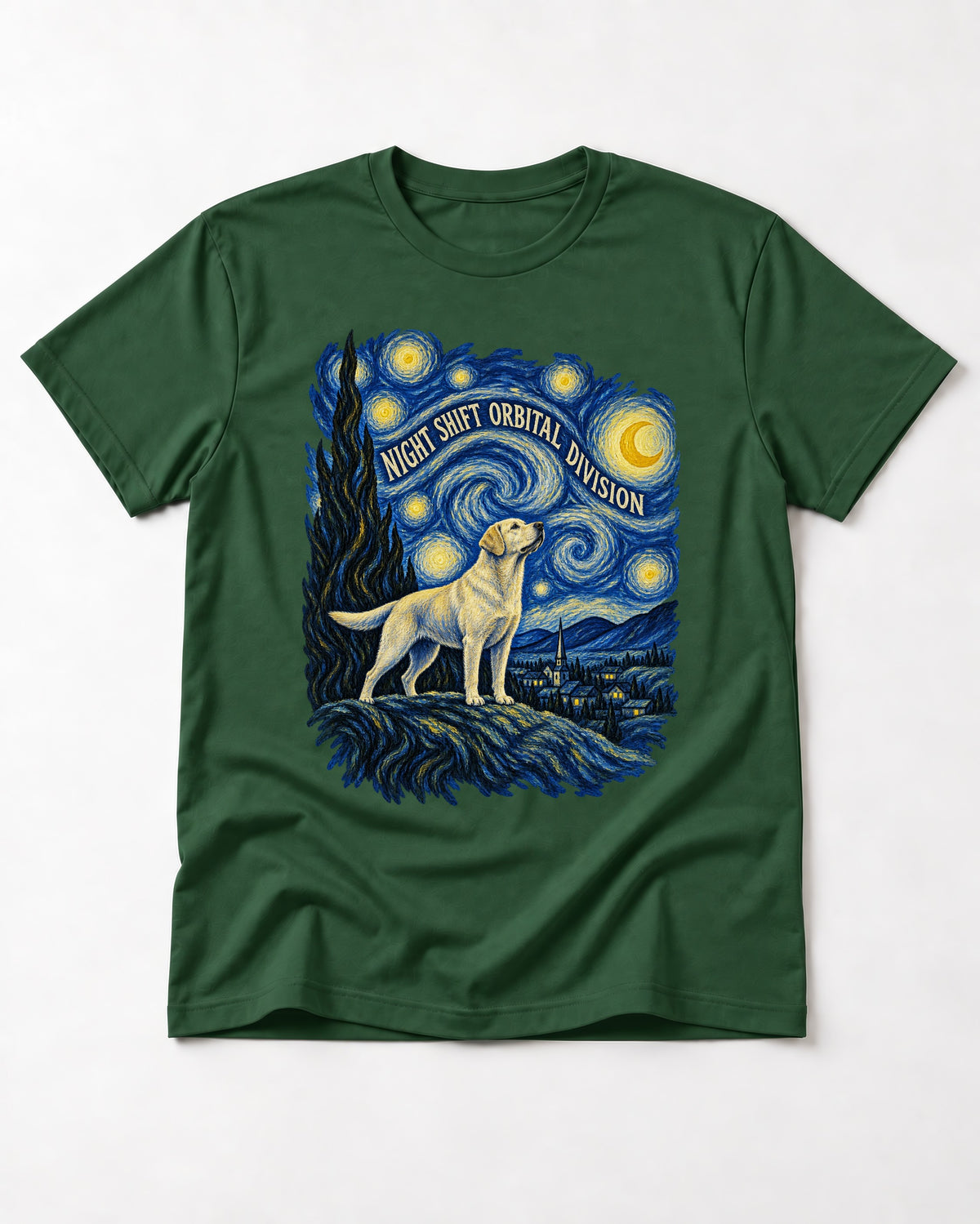Labrador Retriever Night Shift Orbital Division Starry Night Graphic T-Shirt in Forest Green, flat lay product photo