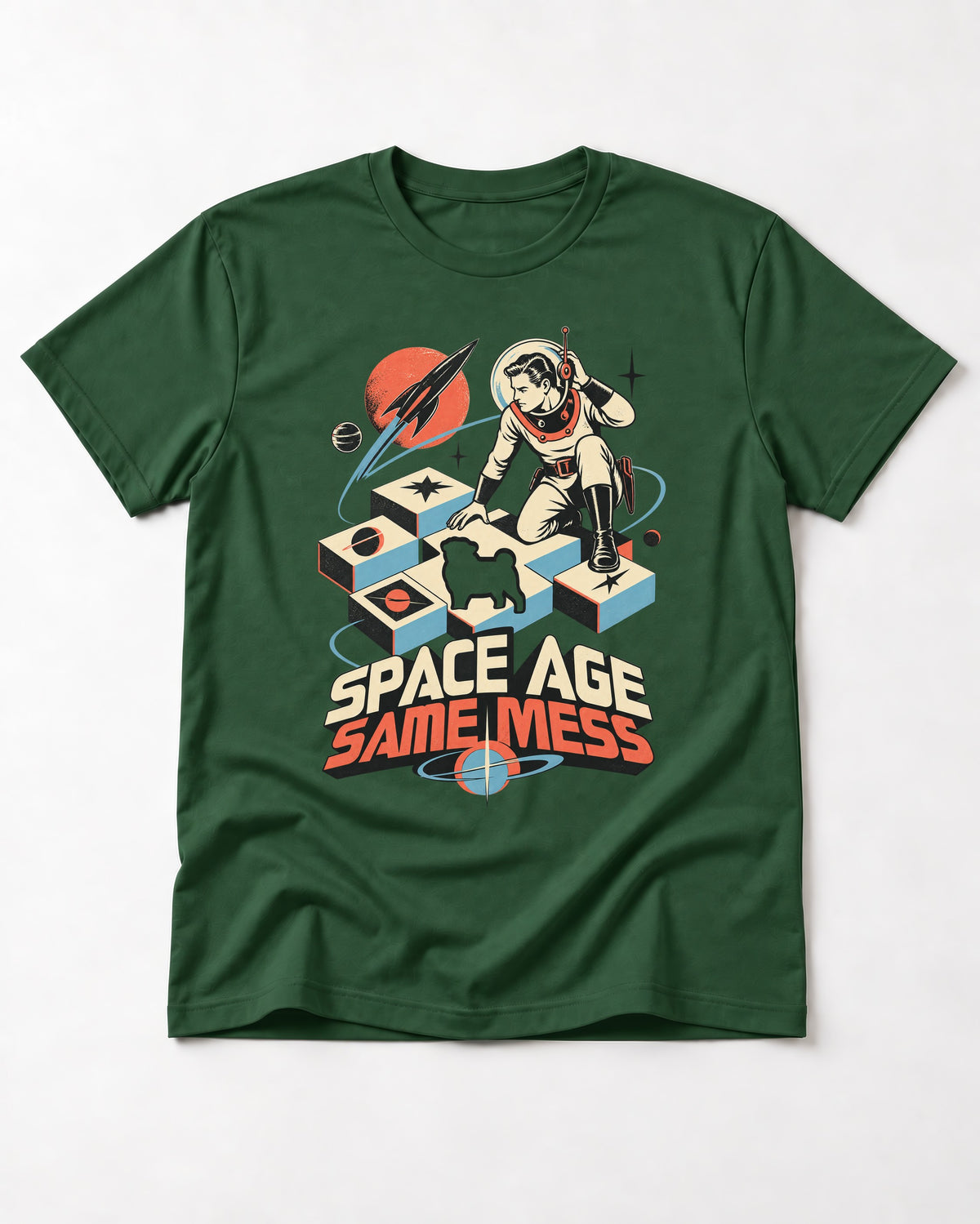 Pug Space Age Same Mess Astronaut Graphic T-Shirt in Forest Green, flat lay product photo