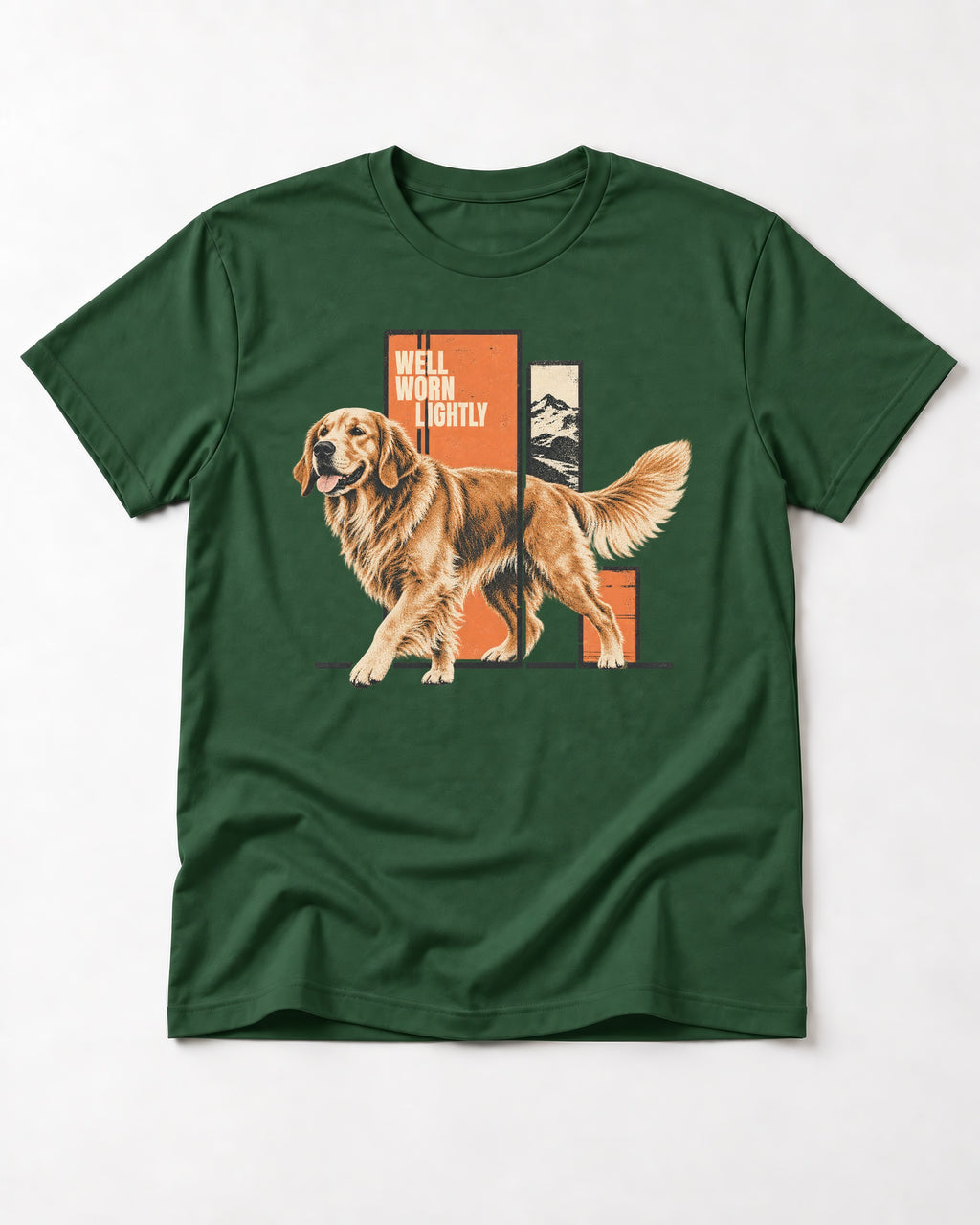 Golden Retriever Well Worn Lightly Mountain Graphic T-Shirt in Forest Green, flat lay product photo