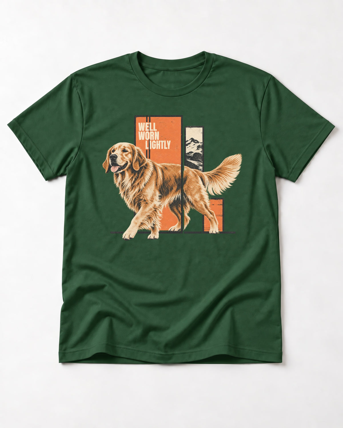 Golden Retriever Well Worn Lightly Mountain Graphic T-Shirt in Forest Green, flat lay product photo