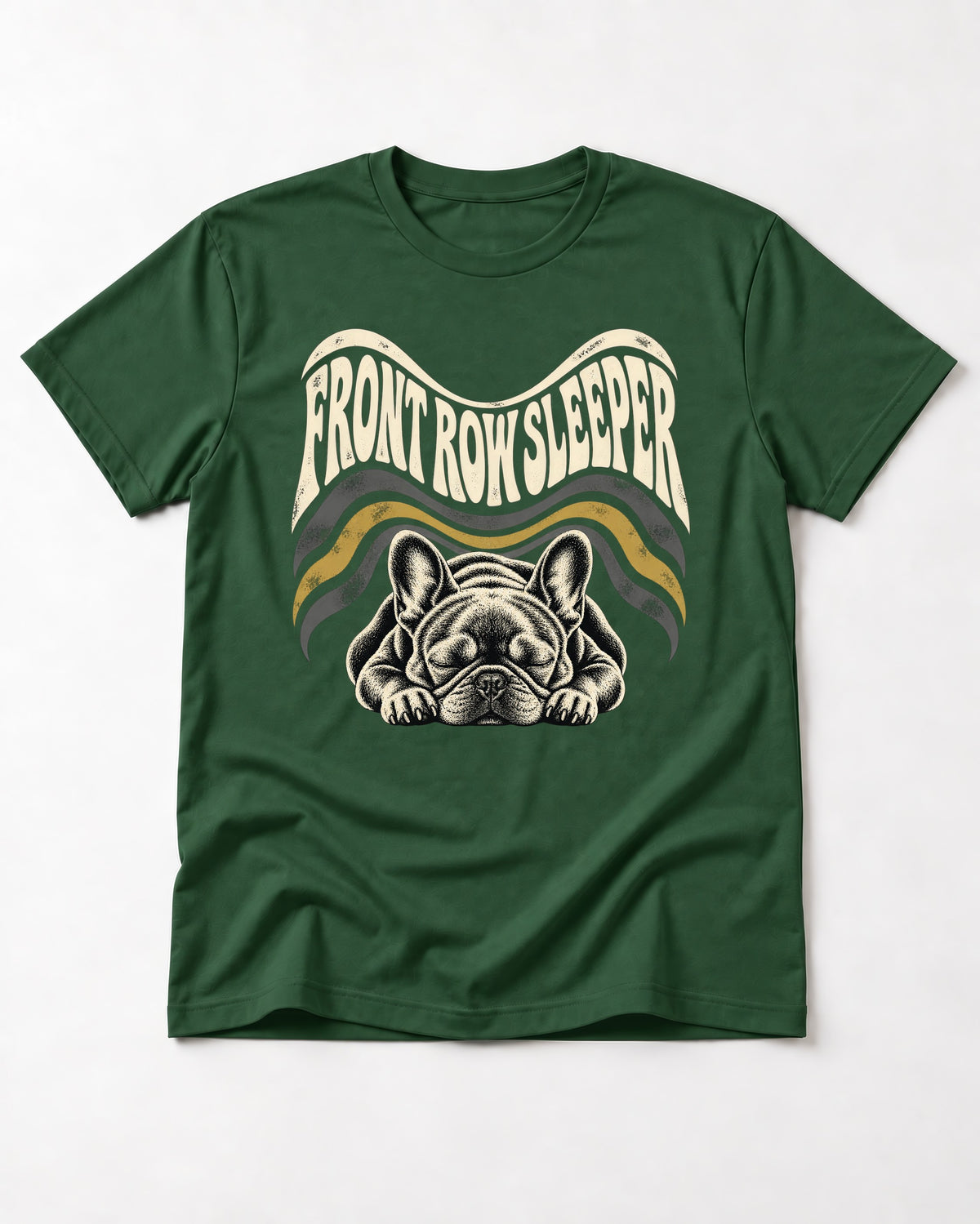 Frenchie Front Row Sleeper Retro Graphic T-Shirt in Forest Green, flat lay product photo