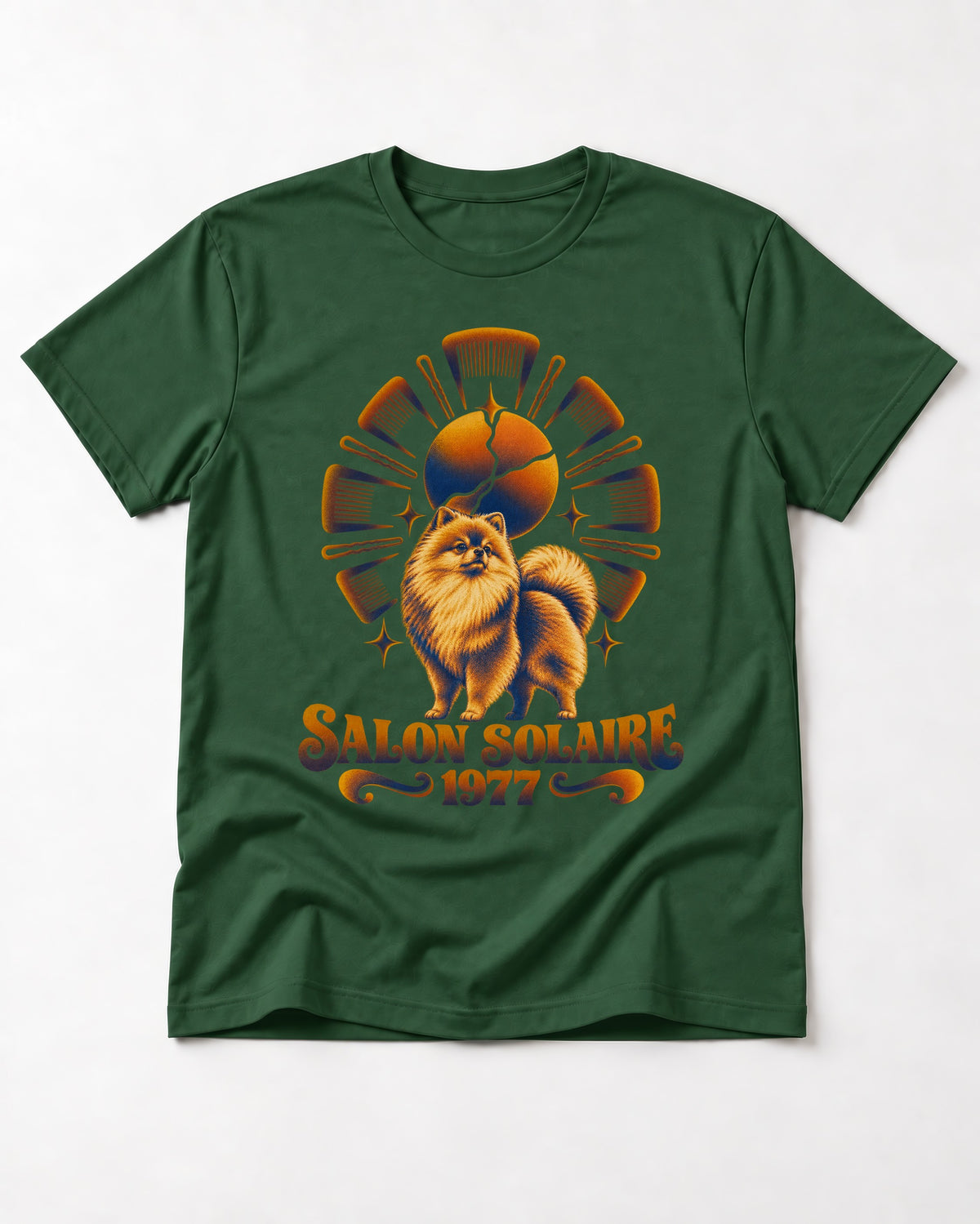 Pomeranian Salon Solaire 1977 Hairbrush Halo Graphic T-Shirt in Forest Green, flat lay product photo