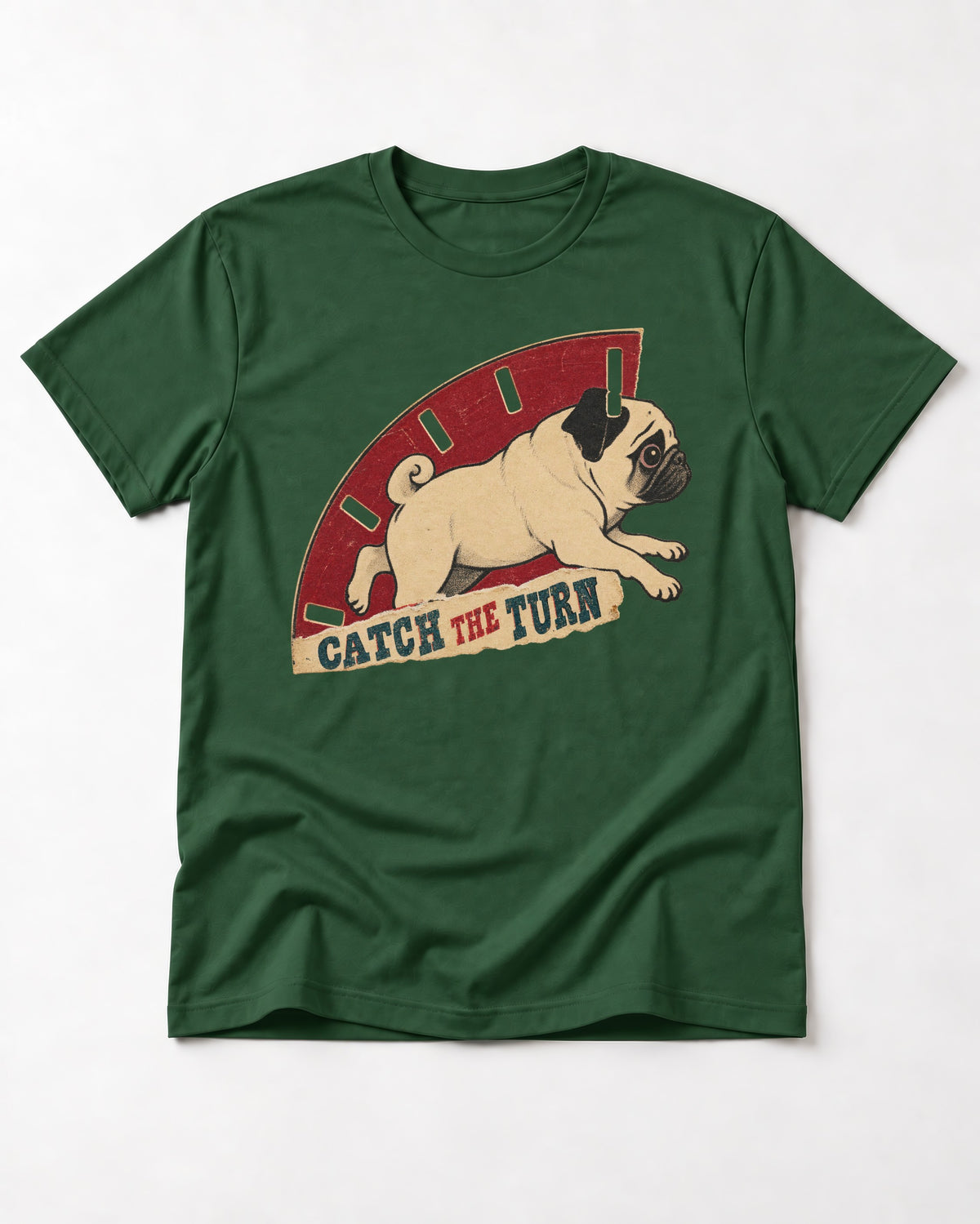 Pug Catch the Turn Track Graphic T-Shirt in Forest Green, flat lay product photo