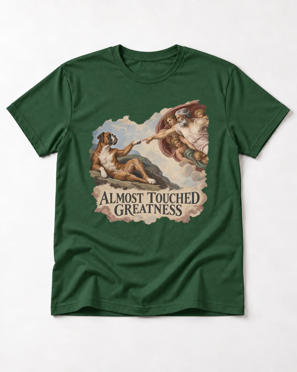 Almost Touched Greatness Boxer Creation Fresco Graphic T-Shirt in Forest Green, flat lay product photo