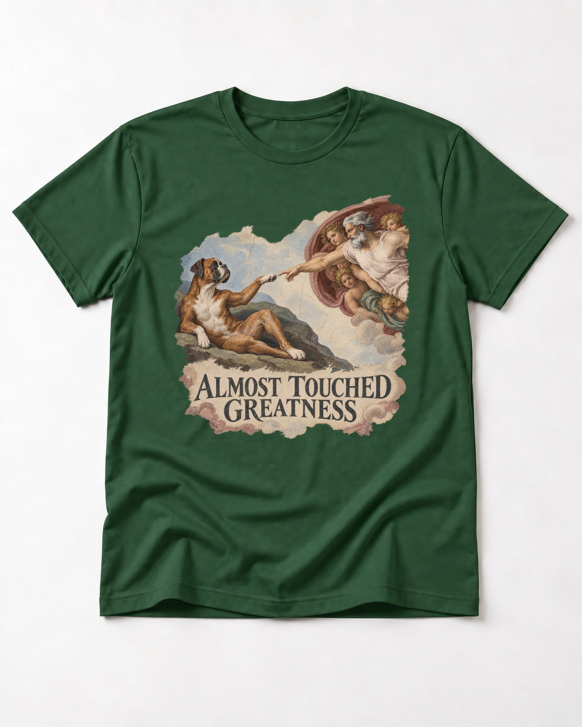 Almost Touched Greatness Boxer Creation Fresco Graphic T-Shirt in Forest Green, flat lay product photo