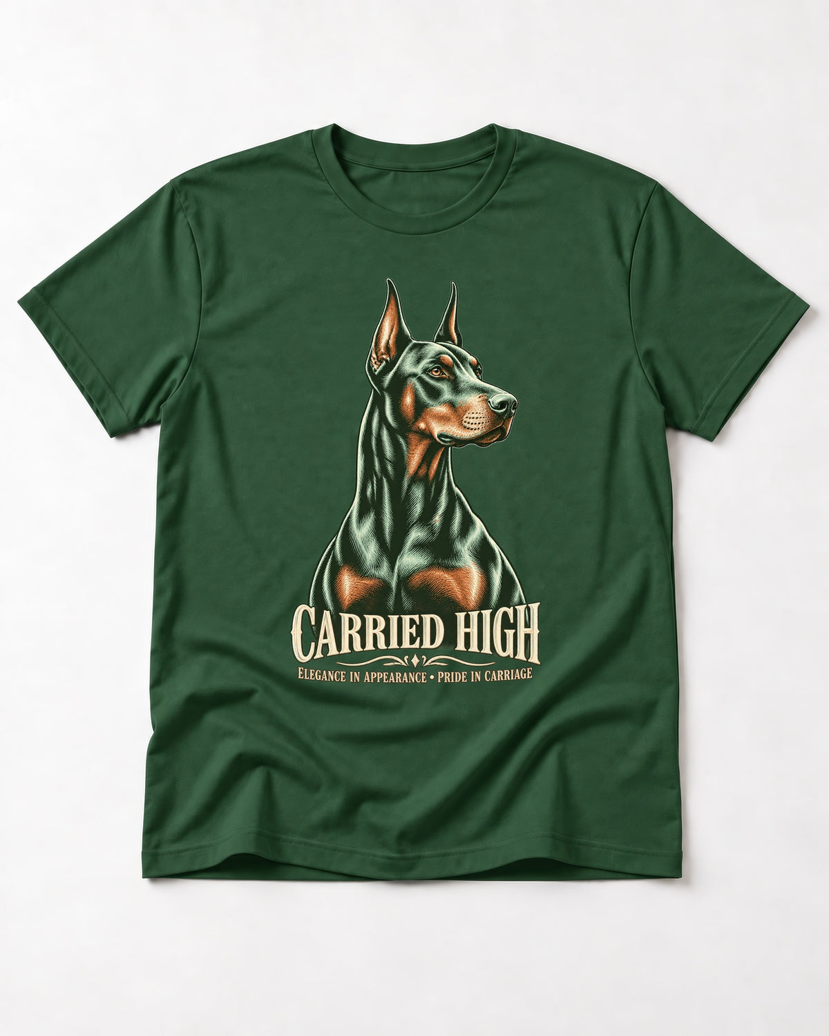 Doberman Carried High Portrait Graphic T-Shirt in Forest Green, flat lay product photo