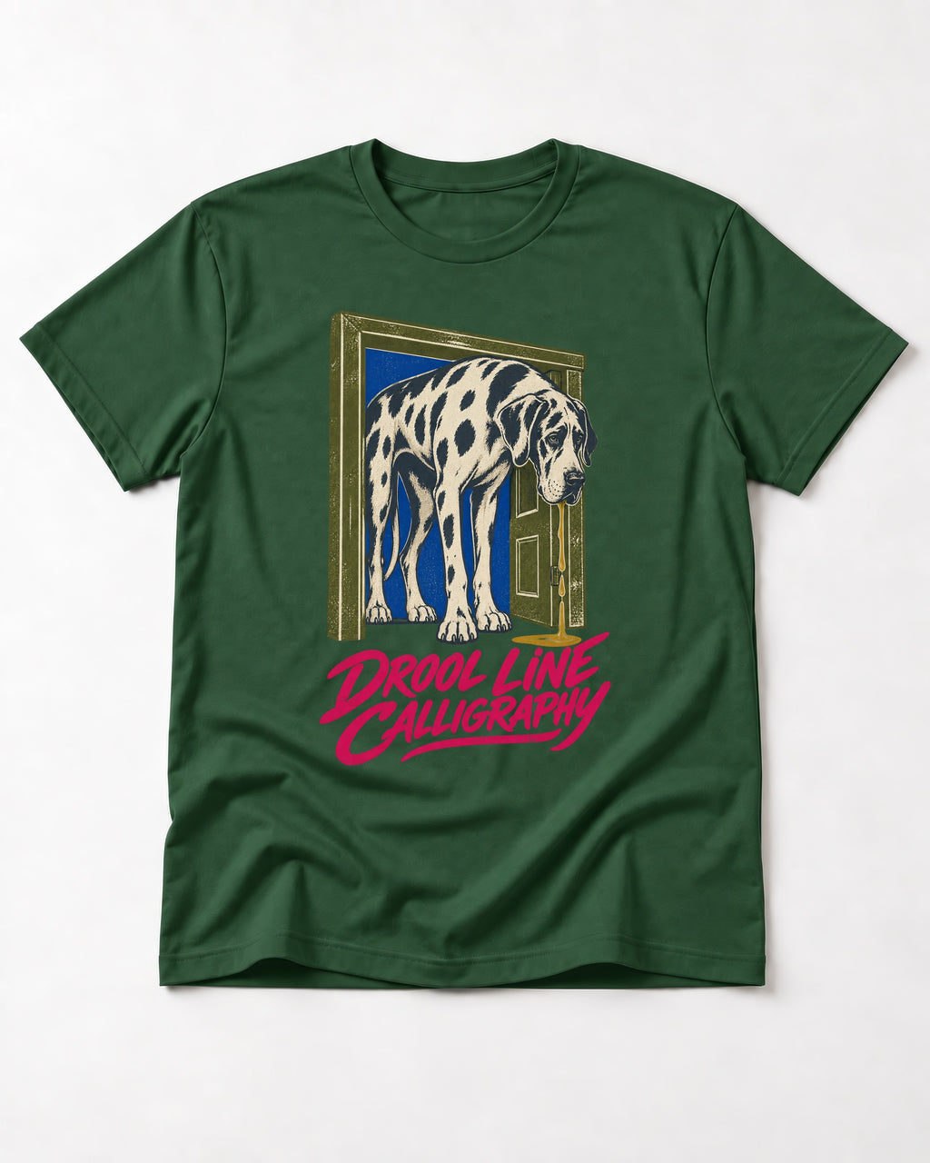 Great Dane Drool Line Calligraphy Doorway Graphic T-Shirt in Forest Green, flat lay product photo