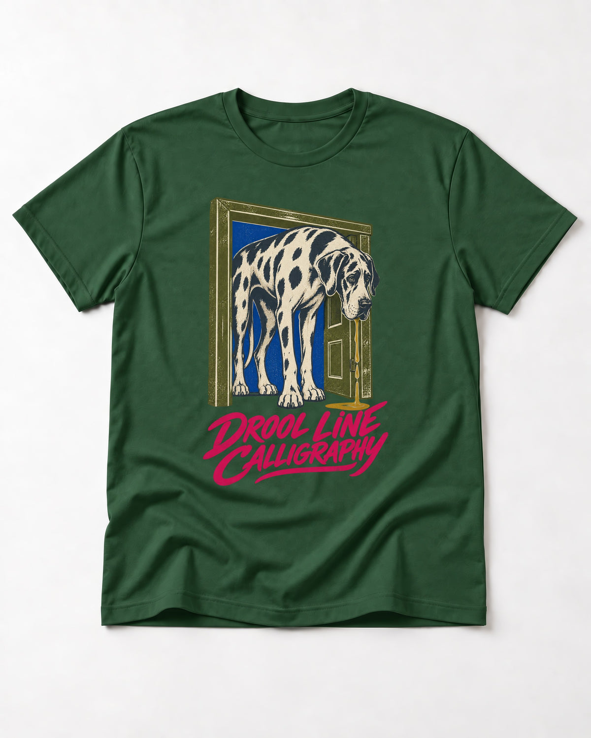 Great Dane Drool Line Calligraphy Doorway Graphic T-Shirt in Forest Green, flat lay product photo