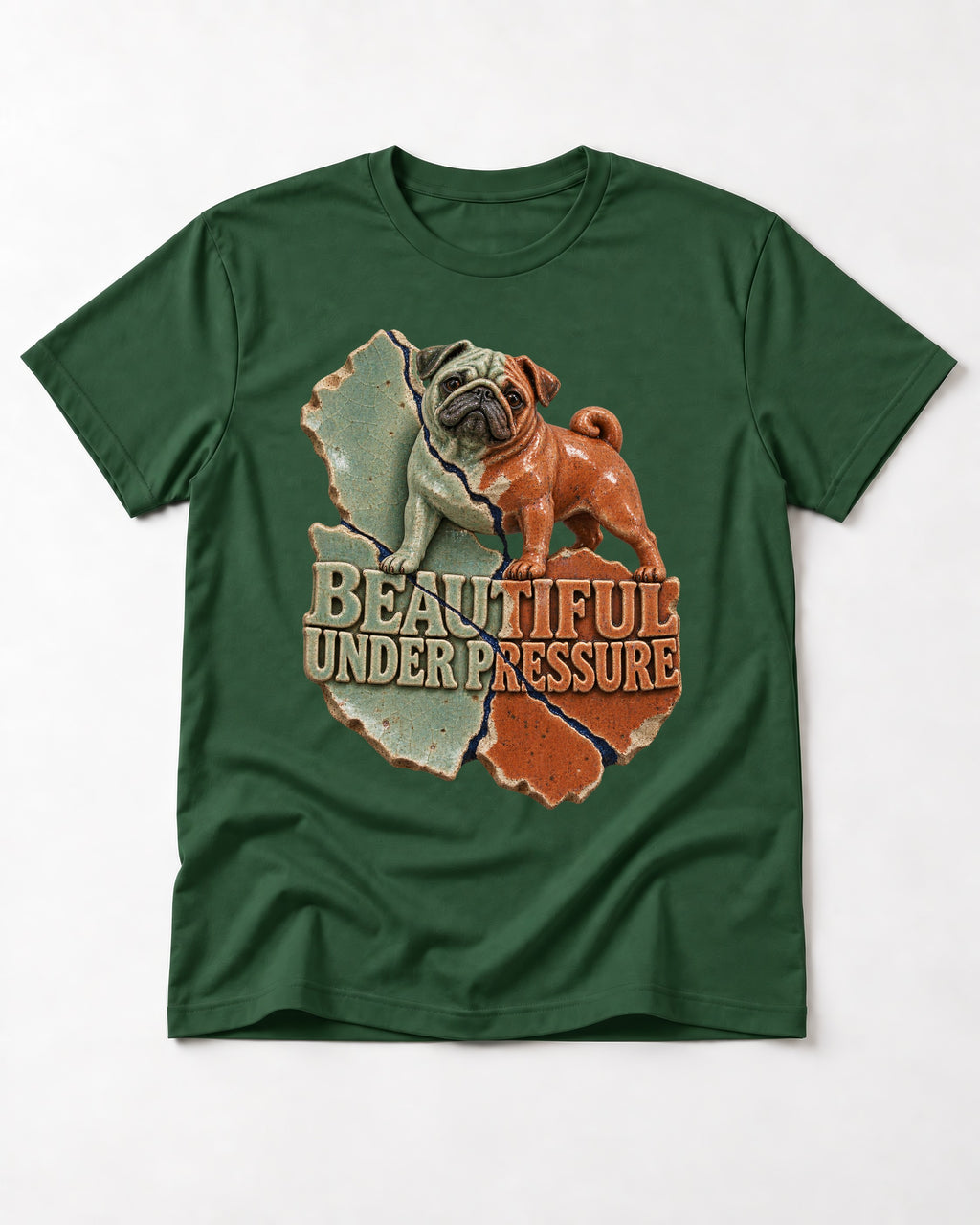 Pug Beautiful Under Pressure Cracked Ceramic Graphic T-Shirt in Forest Green, flat lay product photo