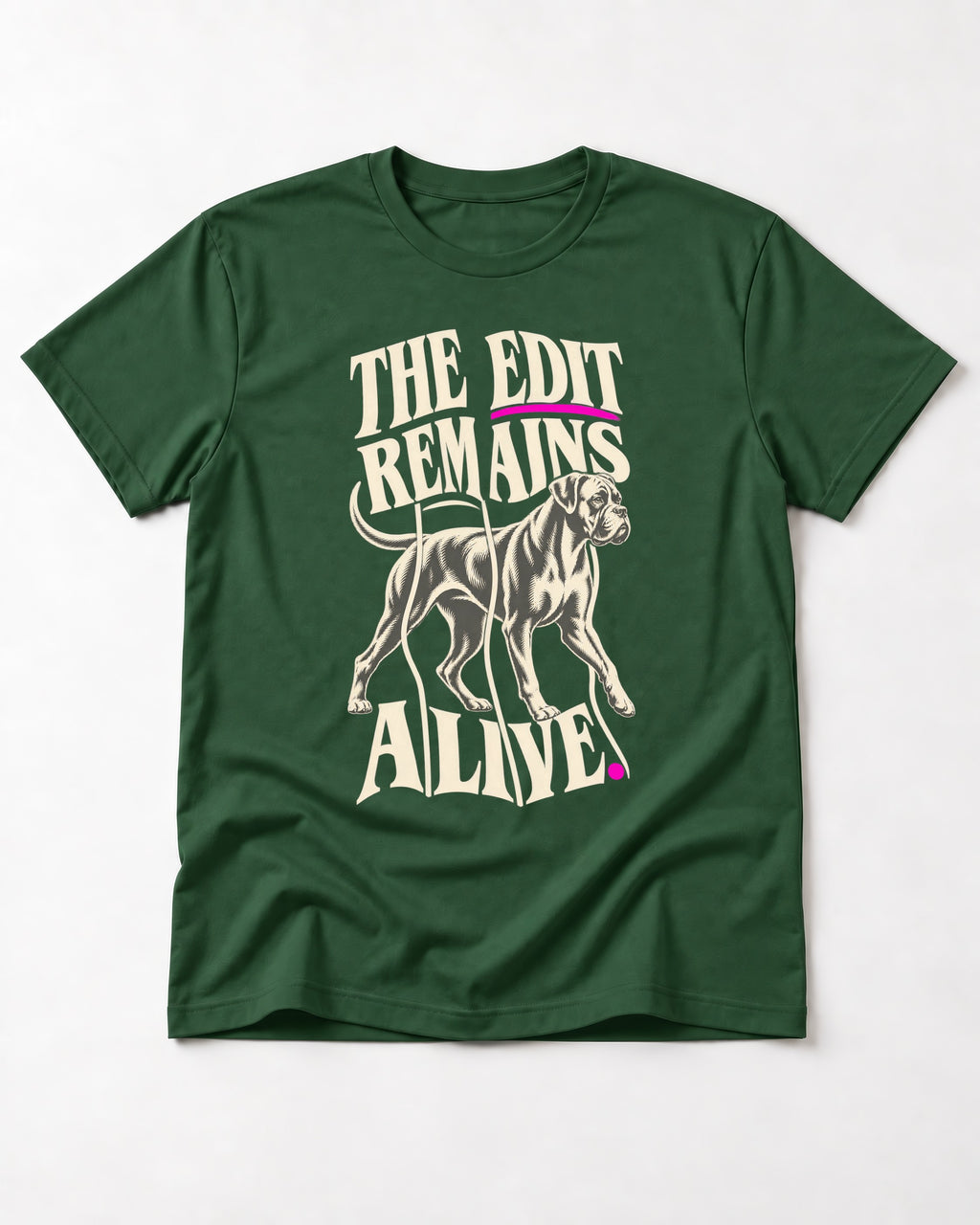 The Edit Remains Alive Boxer T-Shirt in Forest Green, flat lay product photo