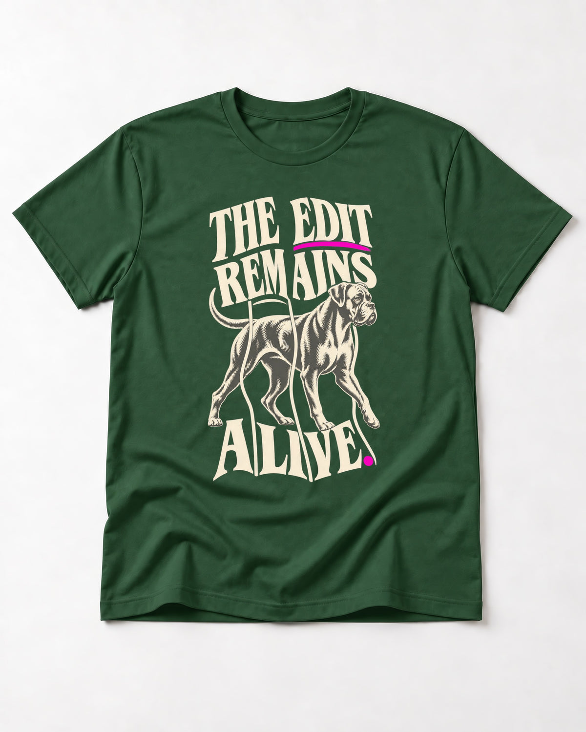 The Edit Remains Alive Boxer T-Shirt in Forest Green, flat lay product photo