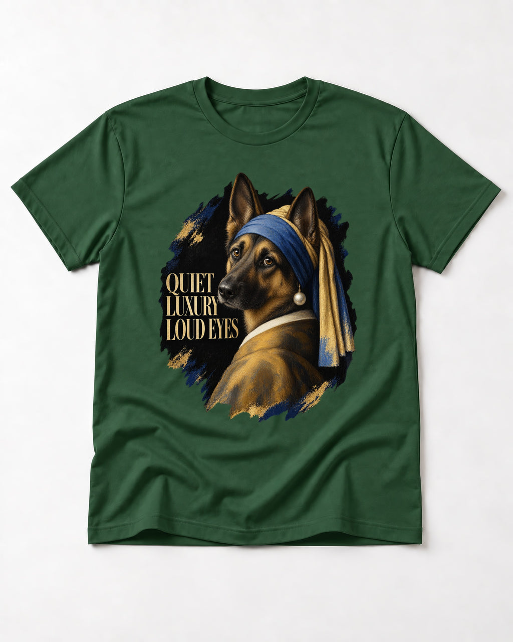 German Shepherd Dog Quiet Luxury Loud Eyes Pearl Portrait T-Shirt in Forest Green, flat lay product photo