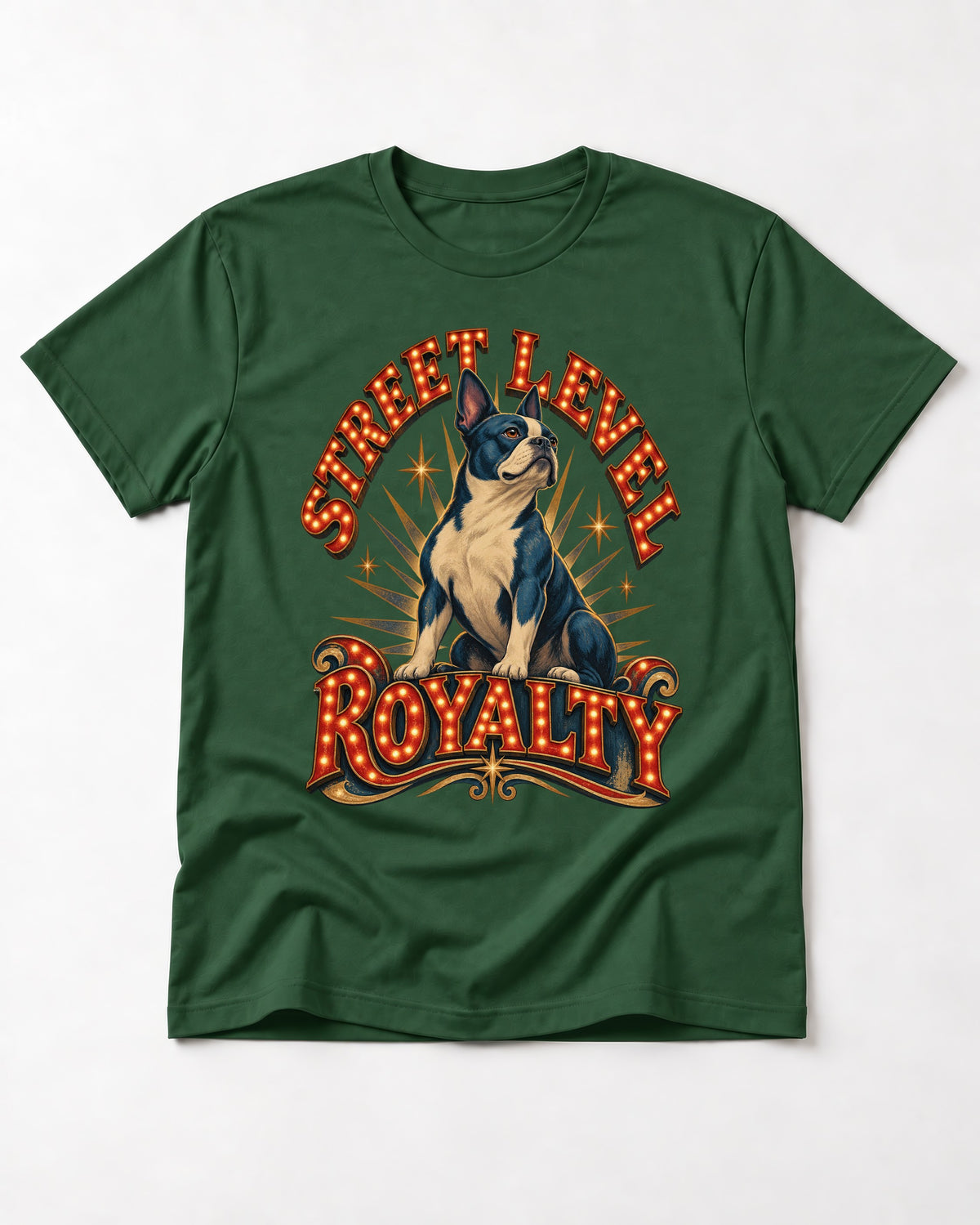 Street Level Royalty Boston Terrier T-Shirt in Forest Green, flat lay product photo