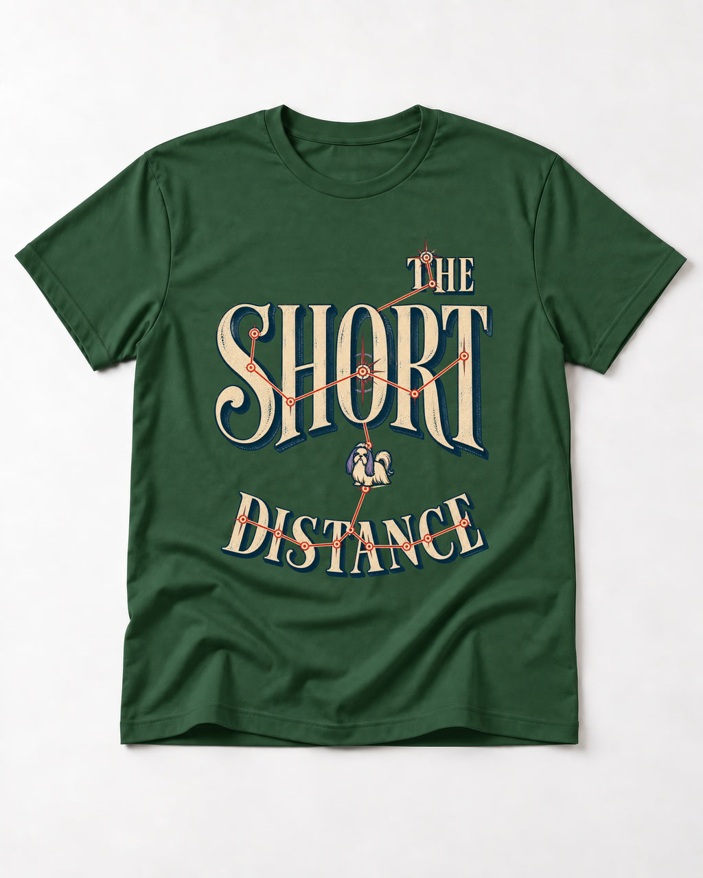 Shih Tzu The Short Distance Route Graphic T-Shirt in Forest Green, flat lay product photo