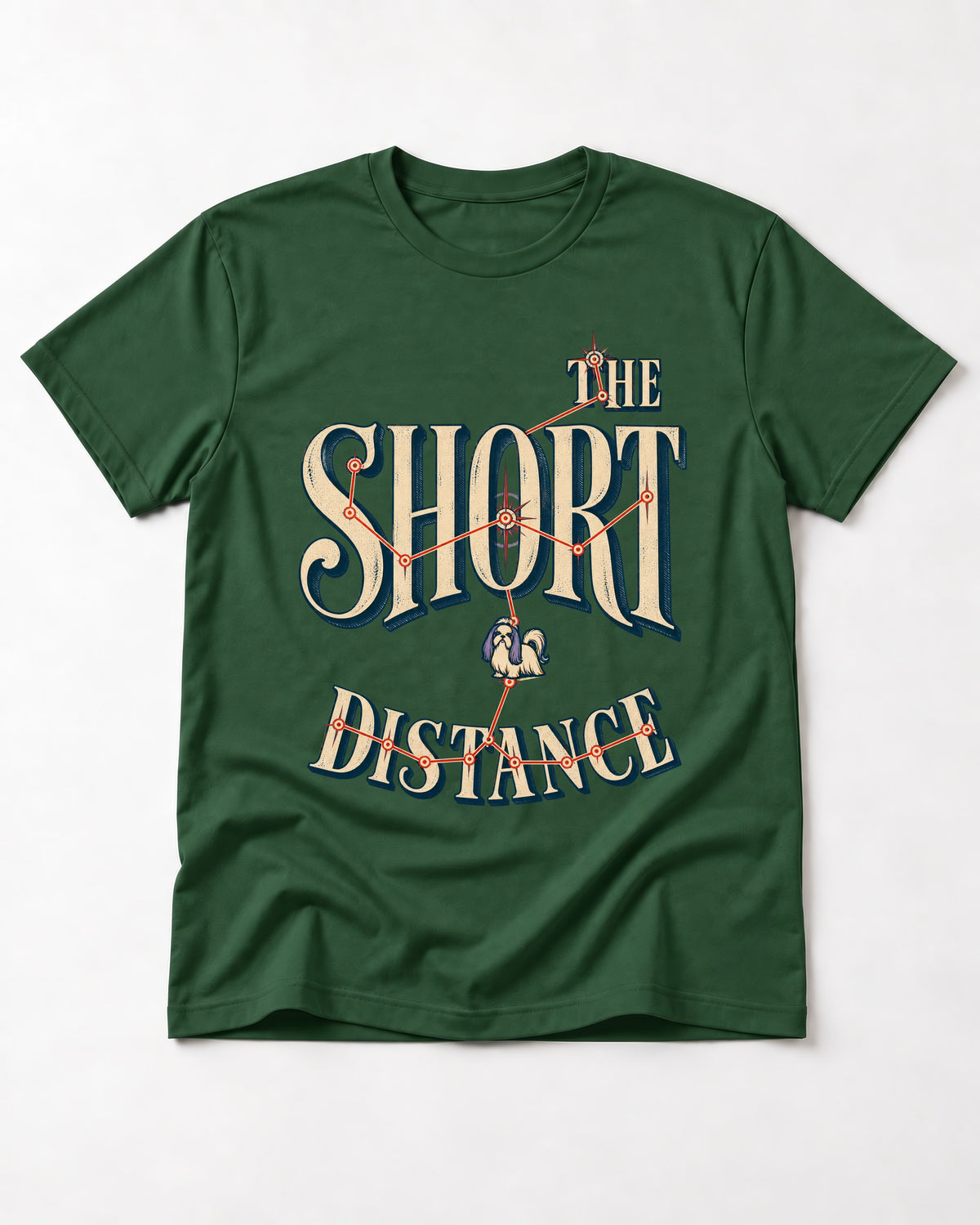 Shih Tzu The Short Distance Route Graphic T-Shirt in Forest Green, flat lay product photo