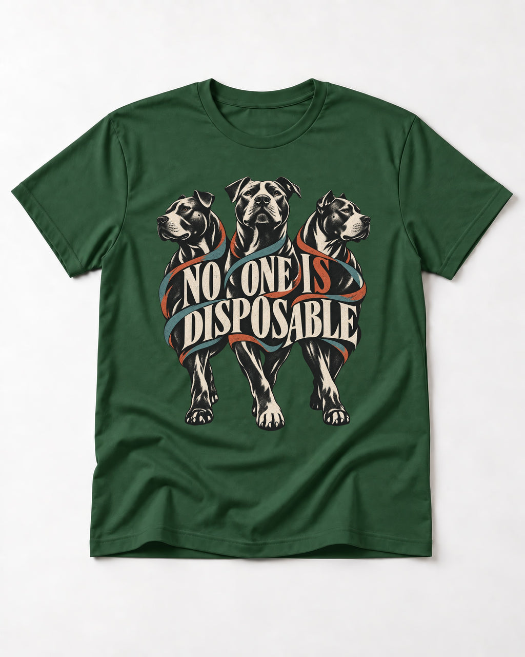 Pitbull No One Is Disposable Three Dogs Graphic T-Shirt in Forest Green, flat lay product photo