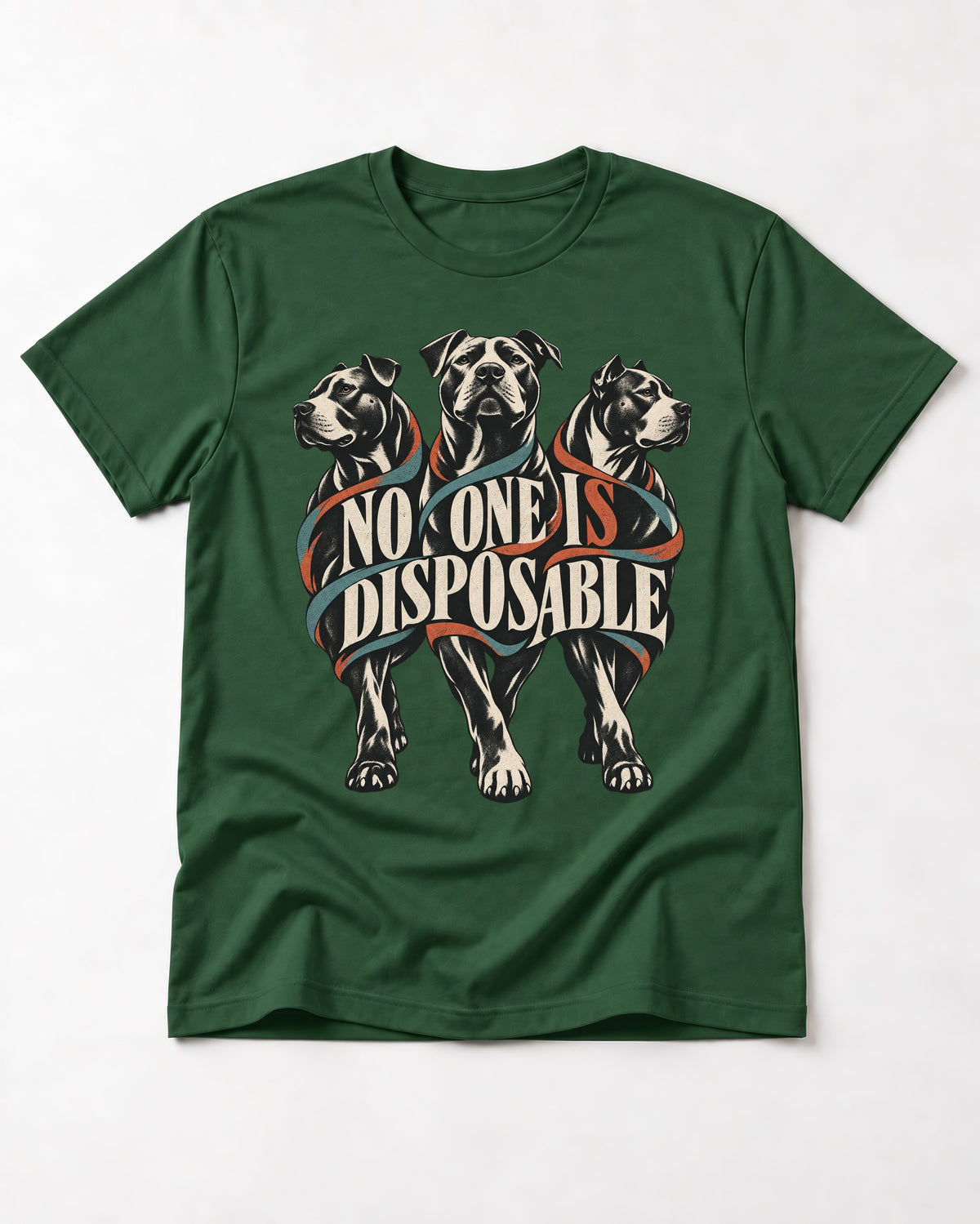 Pitbull No One Is Disposable Three Dogs Graphic T-Shirt in Forest Green, flat lay product photo