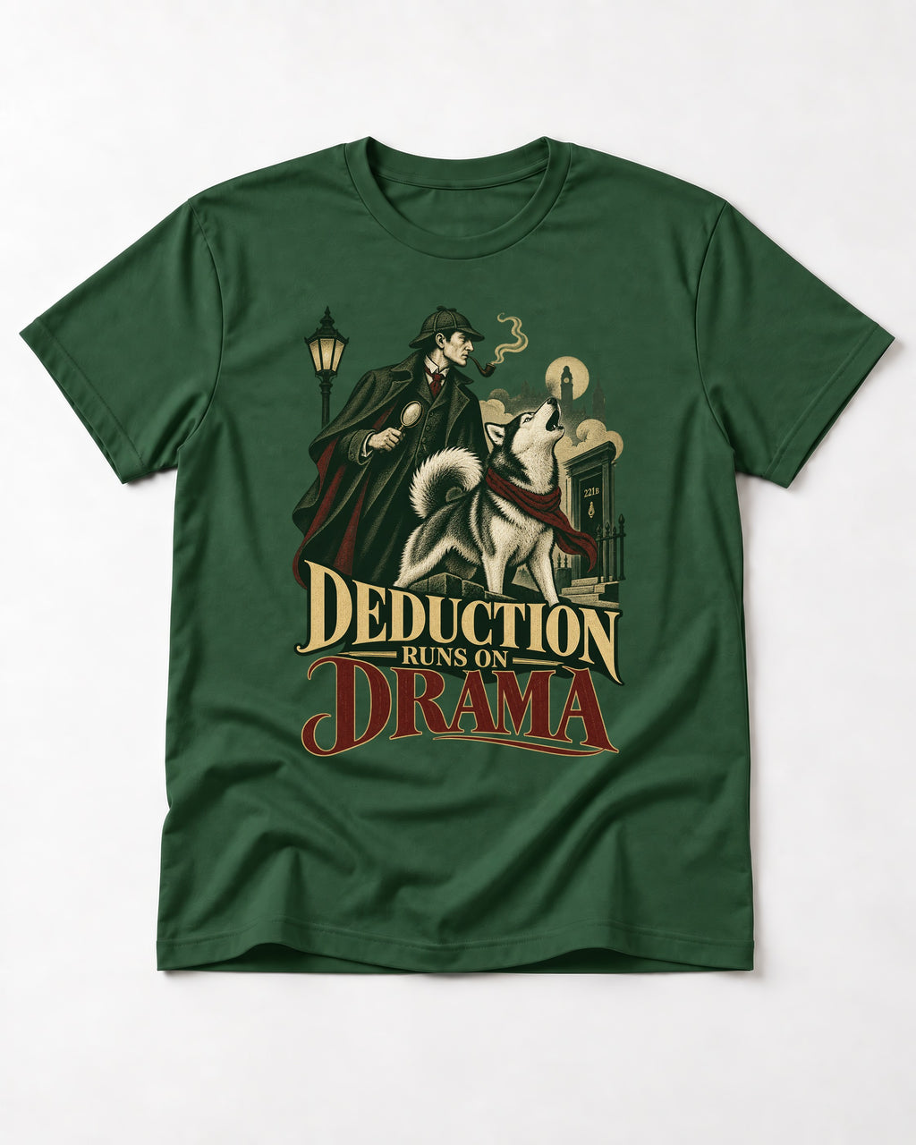 Husky Deduction Runs on Drama Detective Graphic T-Shirt in Forest Green, flat lay product photo