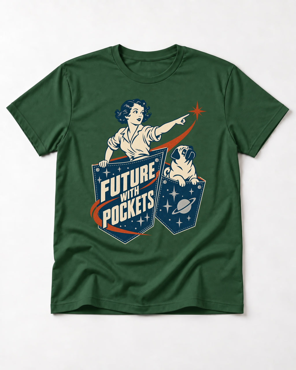 Pug Future with Pockets Space Pocket Graphic T-Shirt in Forest Green, flat lay product photo