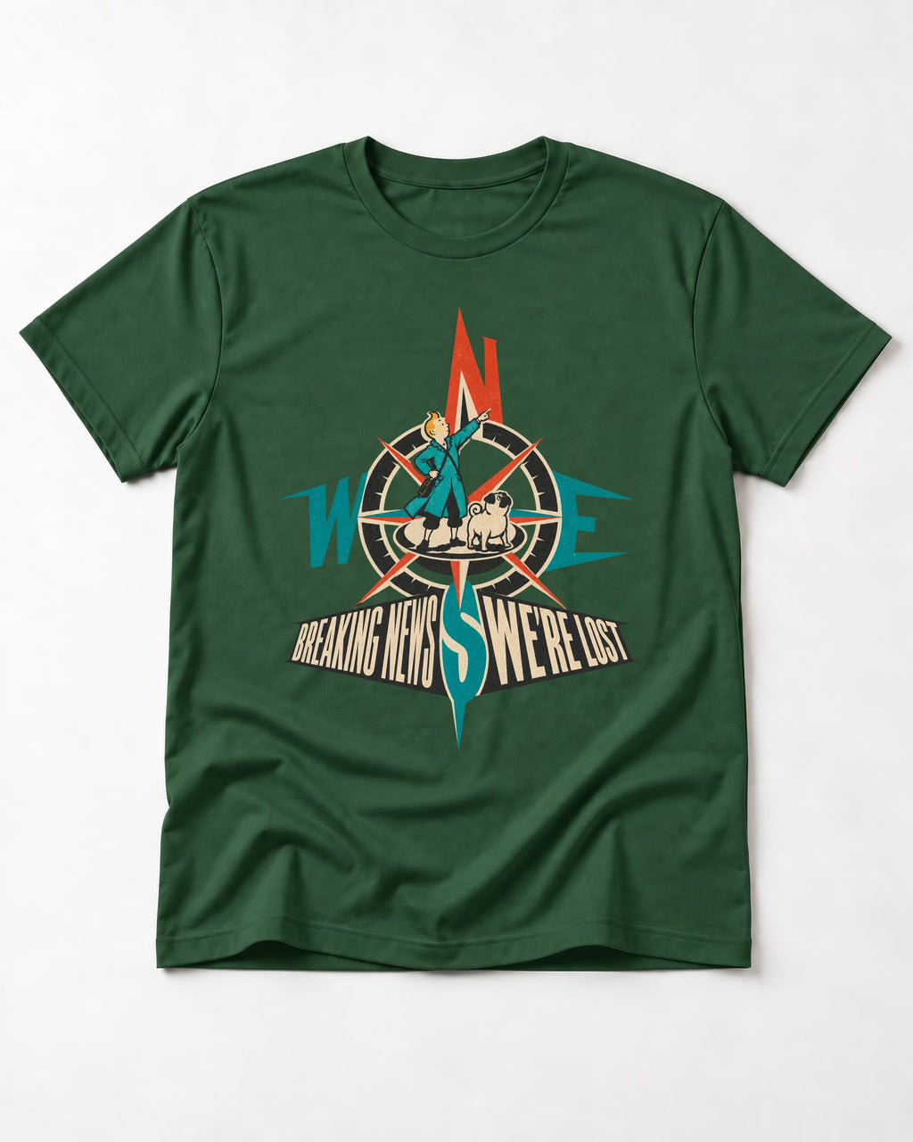 Pug Breaking News We're Lost Compass Graphic T-Shirt in Forest Green, flat lay product photo