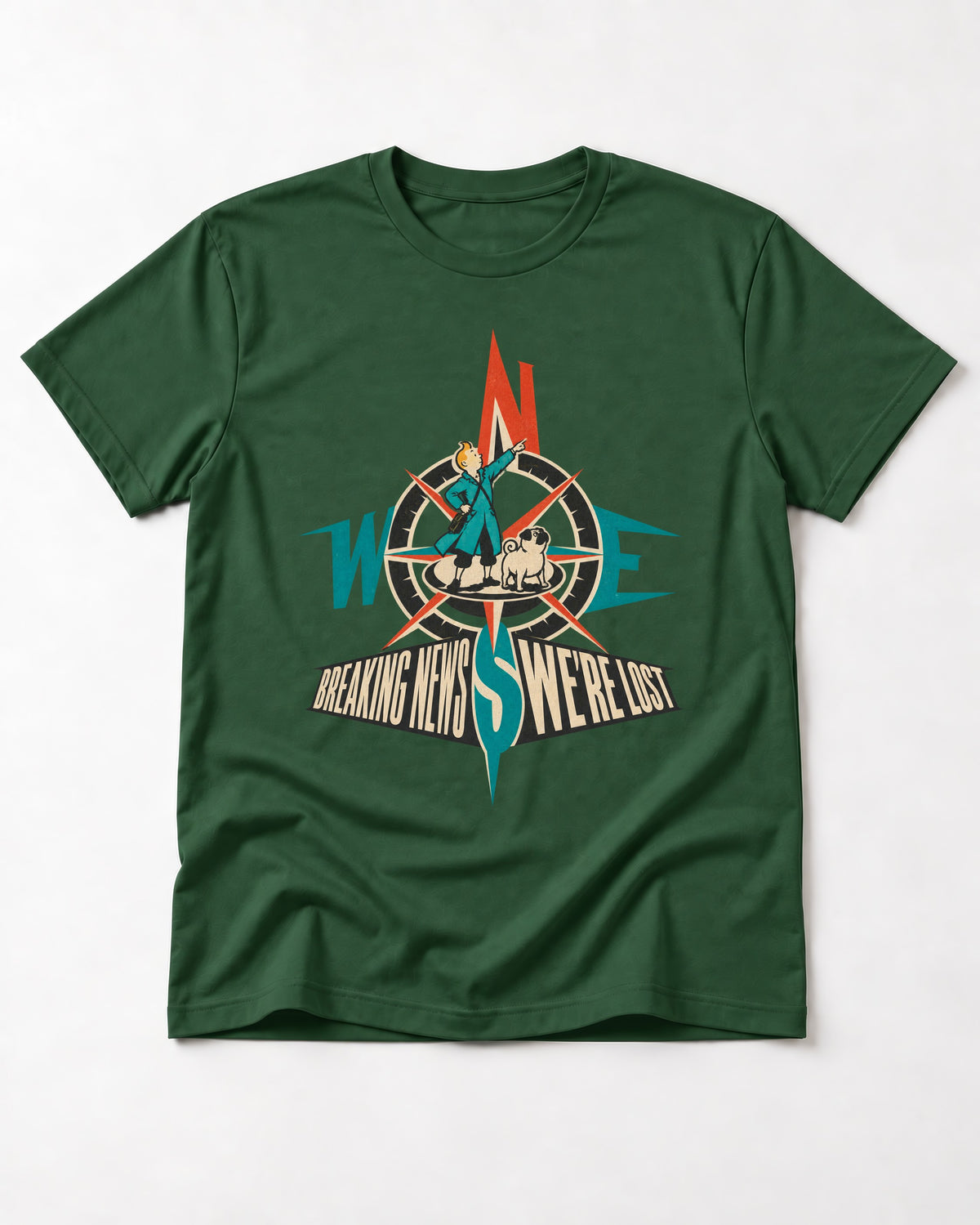 Pug Breaking News We're Lost Compass Graphic T-Shirt in Forest Green, flat lay product photo