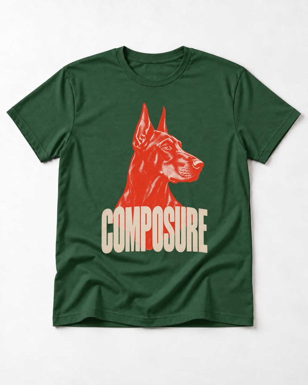Doberman Composure Portrait Graphic T-Shirt in Forest Green, flat lay product photo