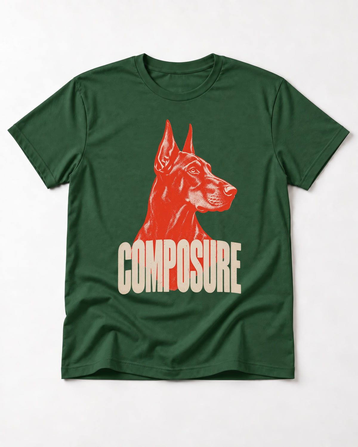 Doberman Composure Portrait Graphic T-Shirt in Forest Green, flat lay product photo