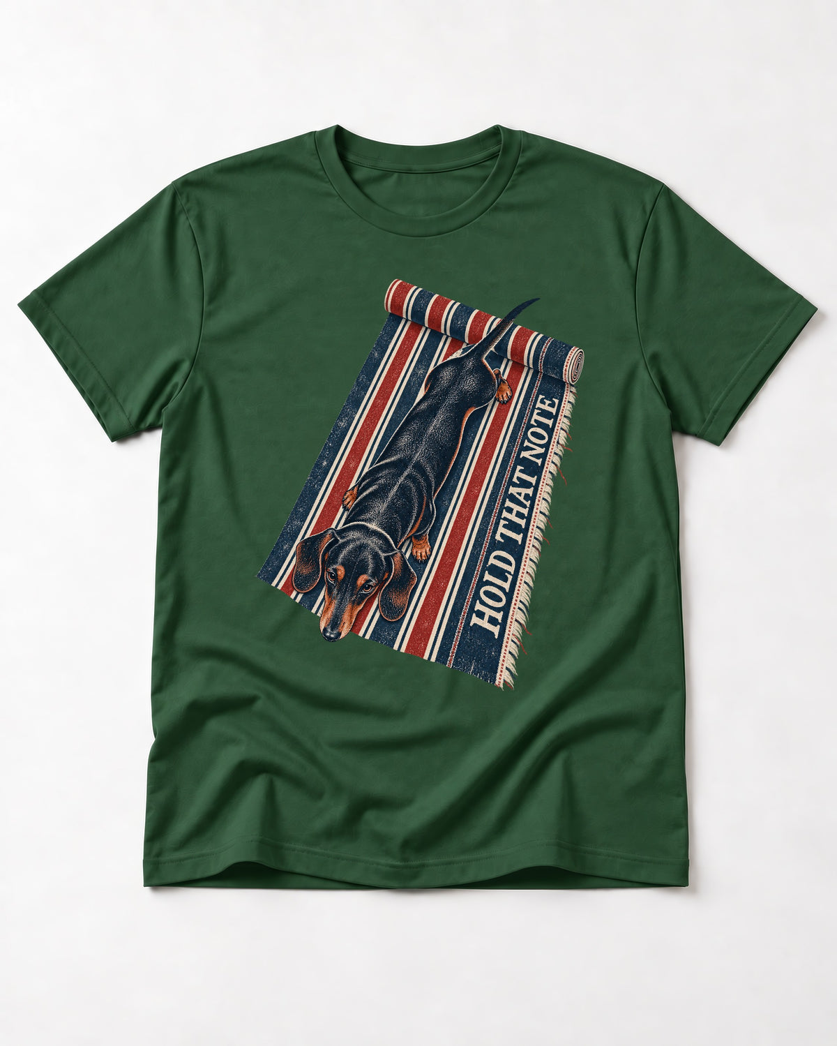 Dachshund Hold That Note Striped Rug Graphic T-Shirt in Forest Green, flat lay product photo