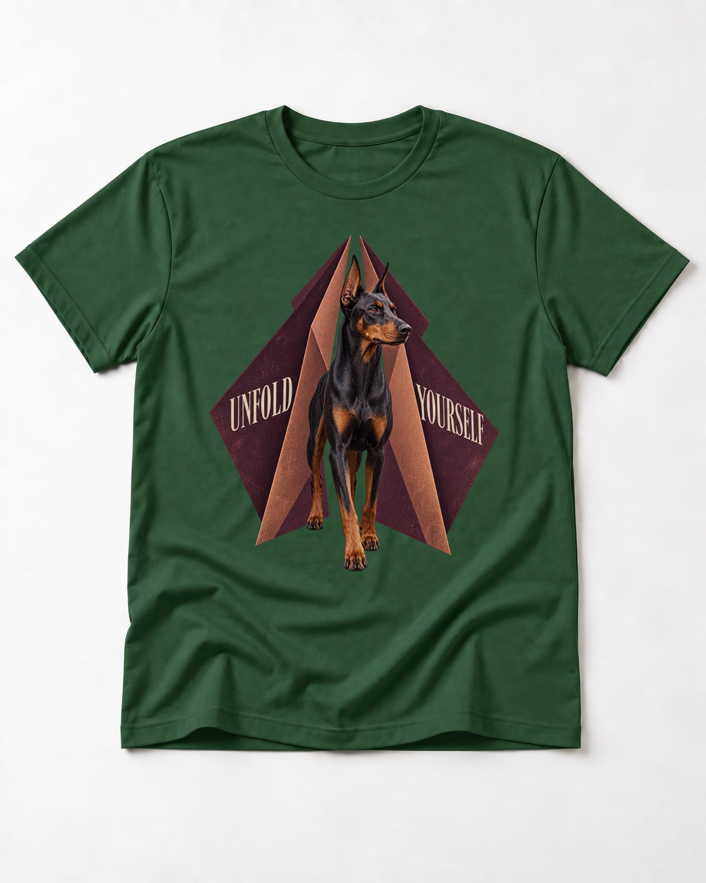 Doberman Unfold Yourself Geometric Portrait Graphic T-Shirt in Forest Green, flat lay product photo