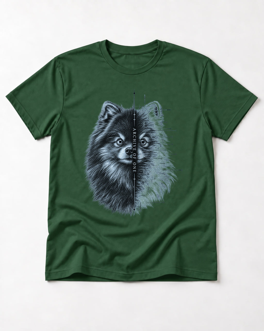 Pomeranian Archive of One Split Portrait Graphic T-Shirt in Forest Green, flat lay product photo