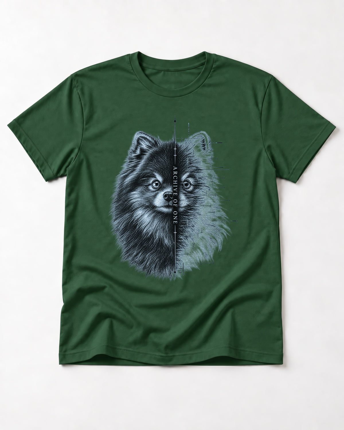 Pomeranian Archive of One Split Portrait Graphic T-Shirt in Forest Green, flat lay product photo