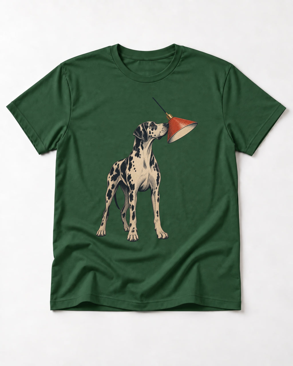 Great Dane Inspecting Hanging Lamp Graphic T-Shirt in Forest Green, flat lay product photo